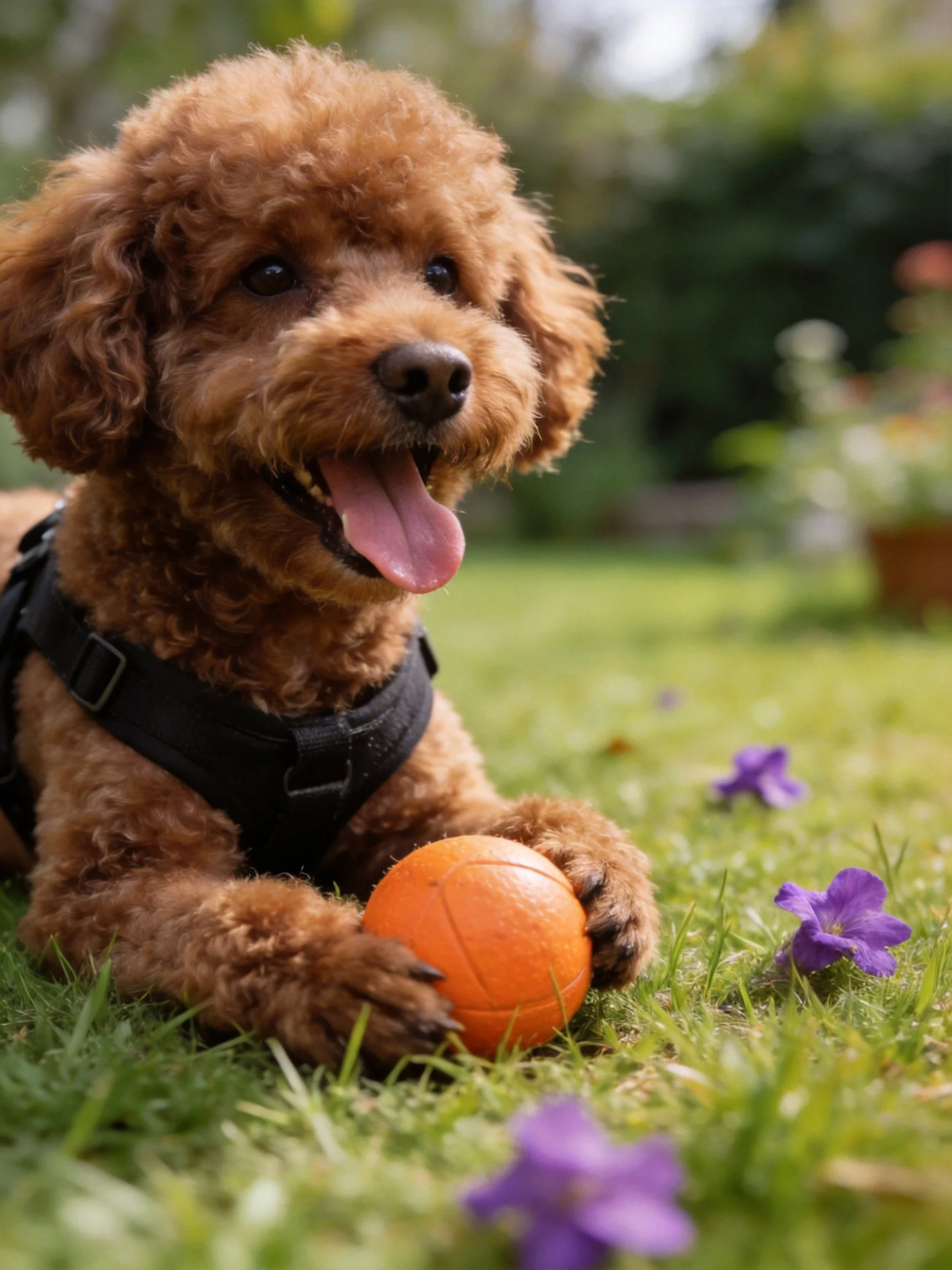 Brown poodle resting on grass with orange ball and purple flowers