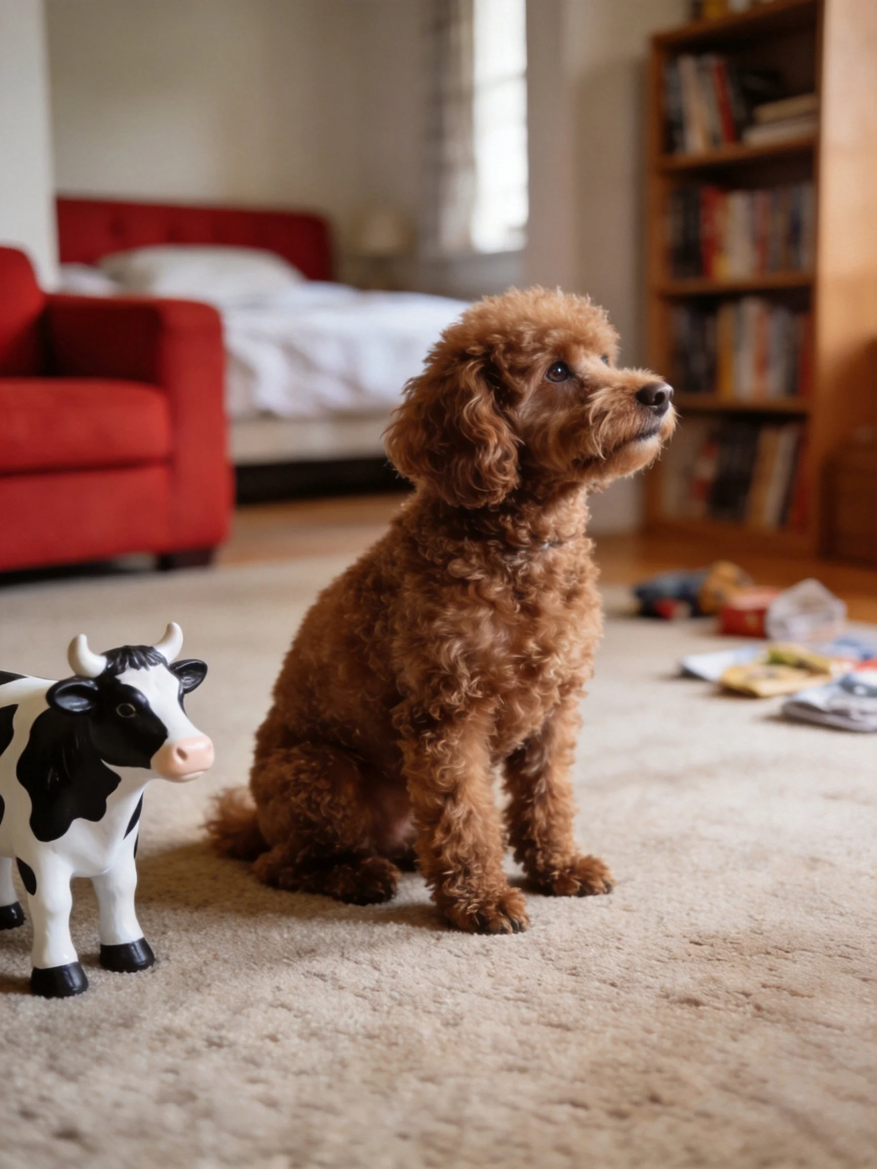 Brown poodle sits next to black - white cow toy in cozy room