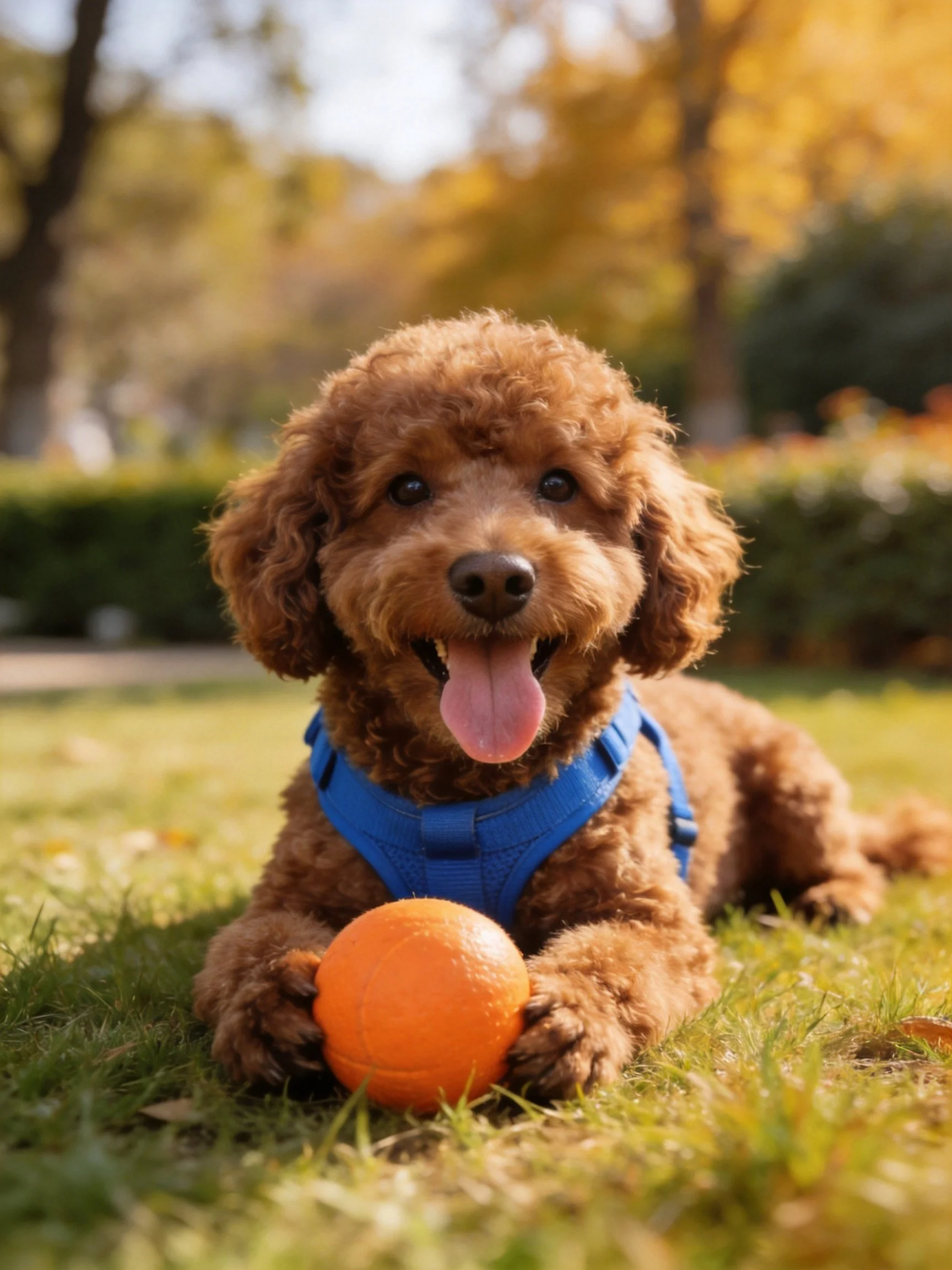 Brown poodle with blue harness holds orange ball in sunny park