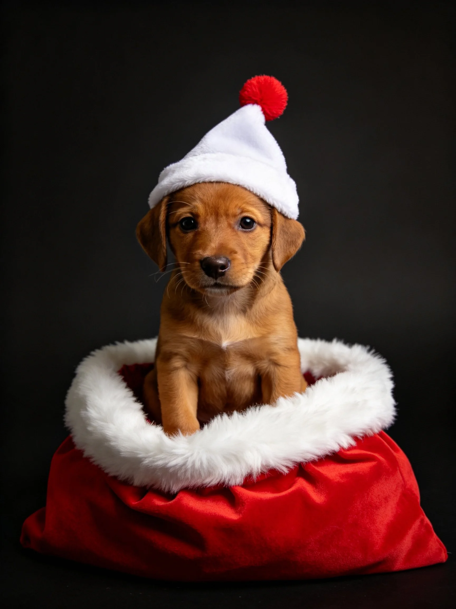 A brown puppy sits in a red Santa sack while wearing a white Santa hat.