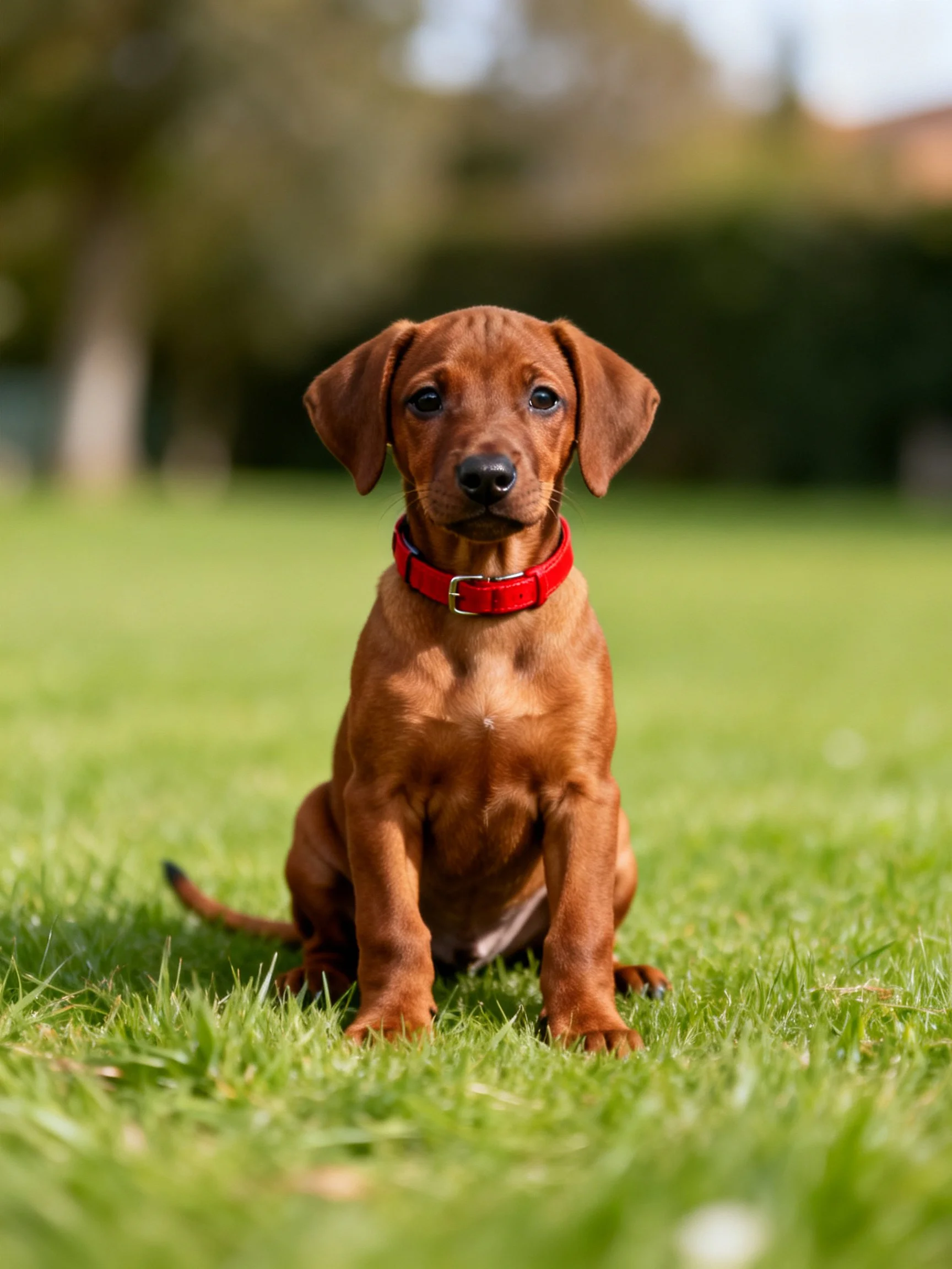 A brown puppy wearing a red collar sits on green grass in an outdoor setting.