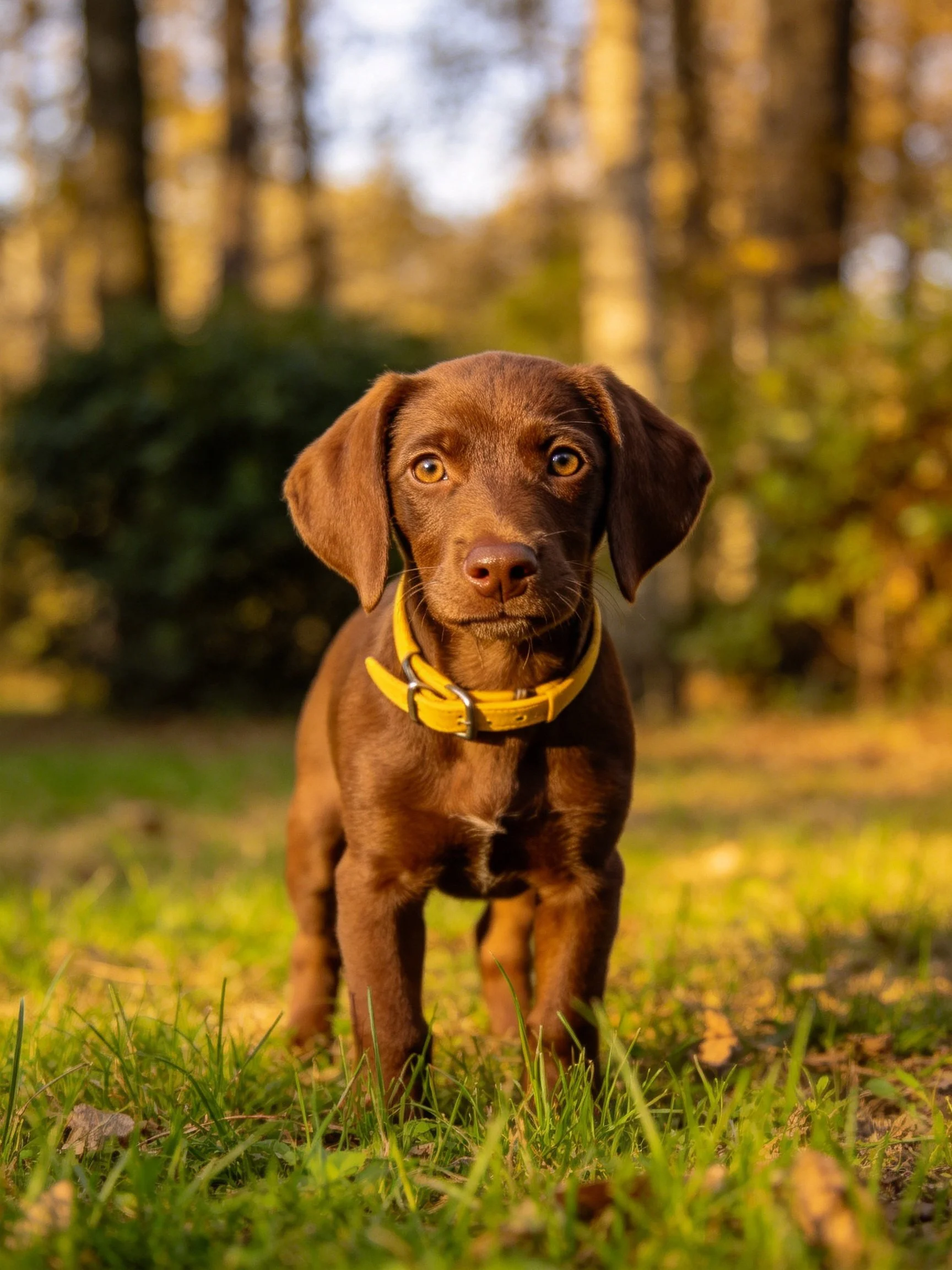 A brown puppy stands on grass near trees in a sunlit outdoor space.