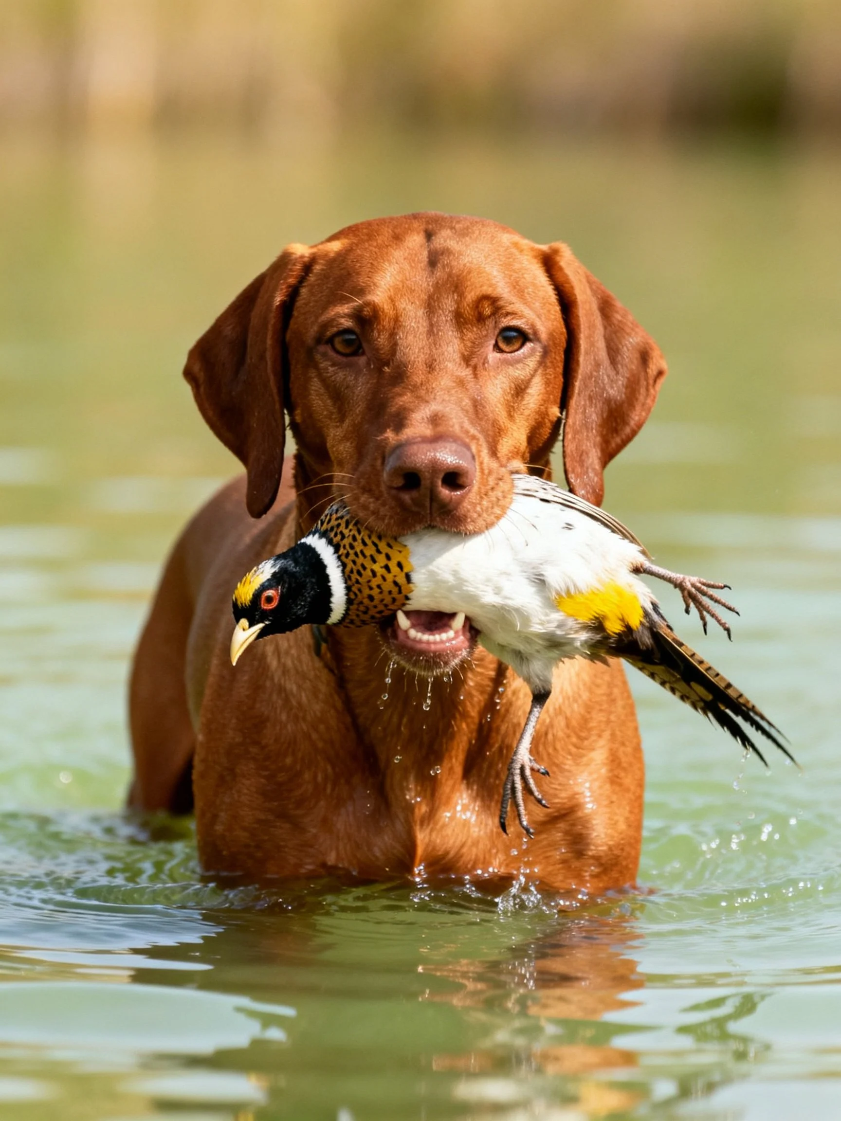 Brown retriever retrieving colorful bird in shallow water