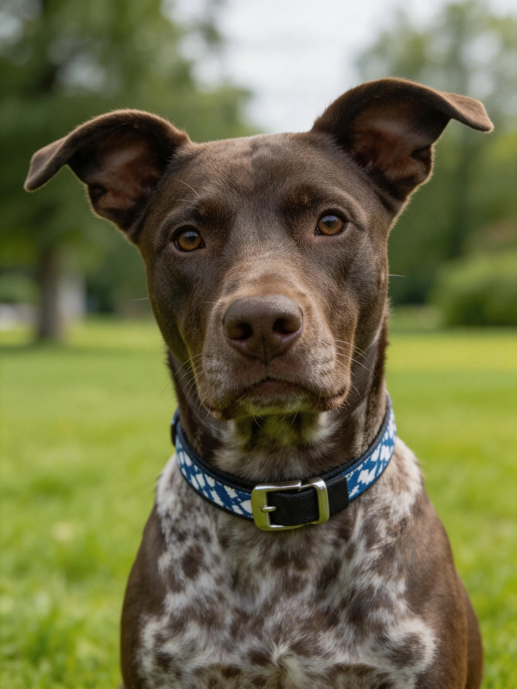 A brown spotted dog wears a blue collar while sitting in a green park.