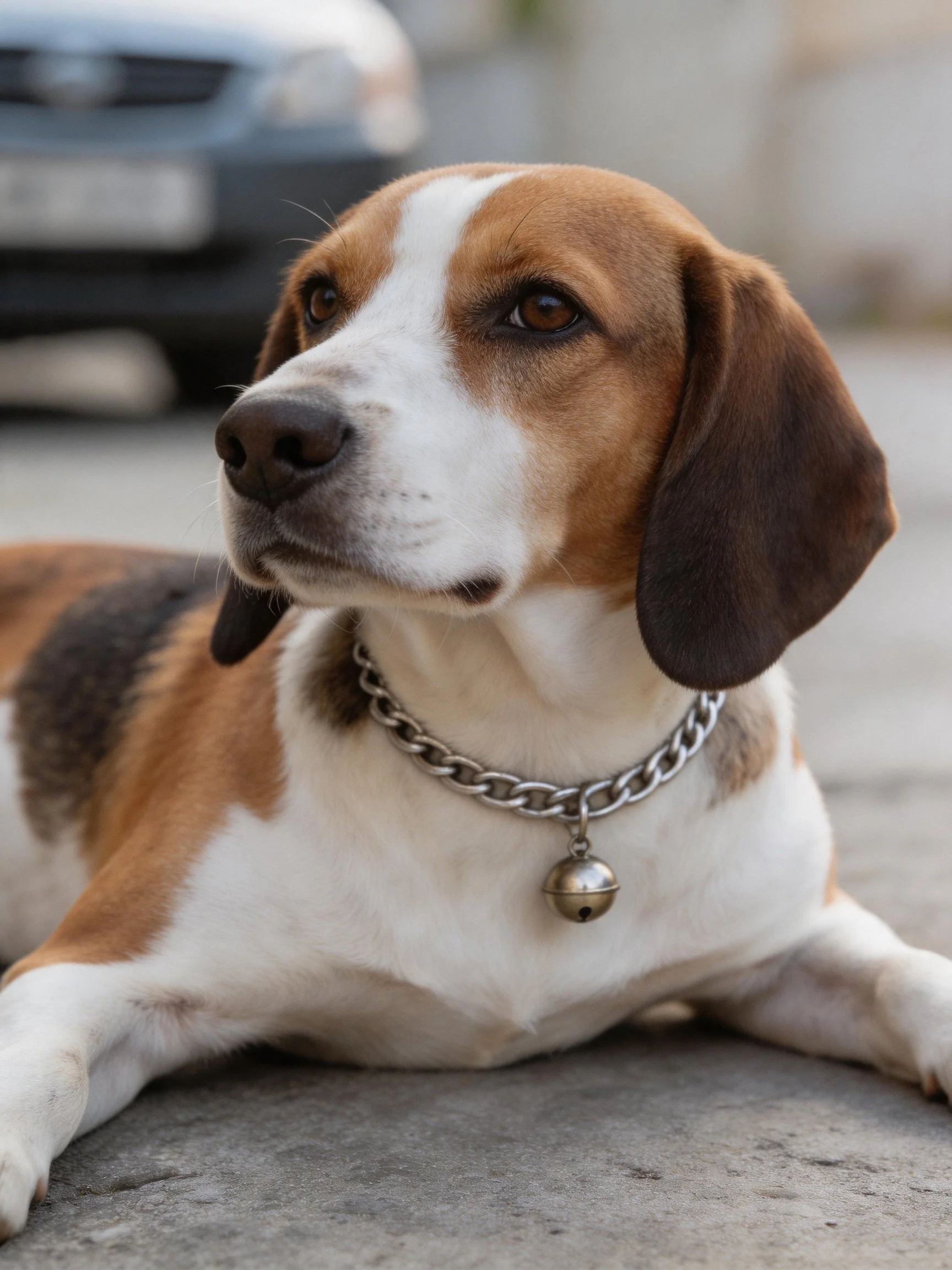 A multicolored dog rests calmly with a silver chain collar.