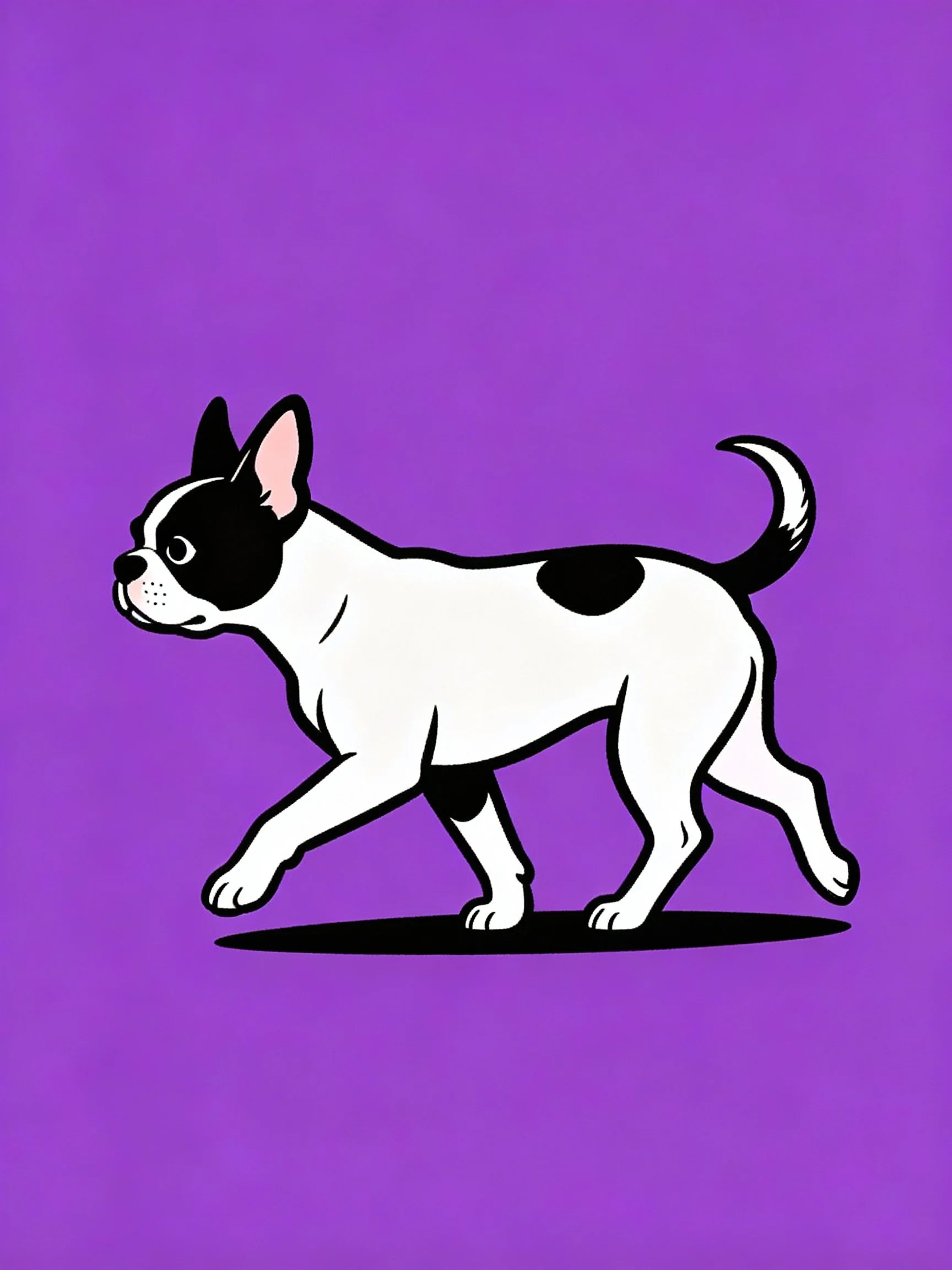 Cartoon Boston Terrier with black patches on white coat, solid purple backdrop