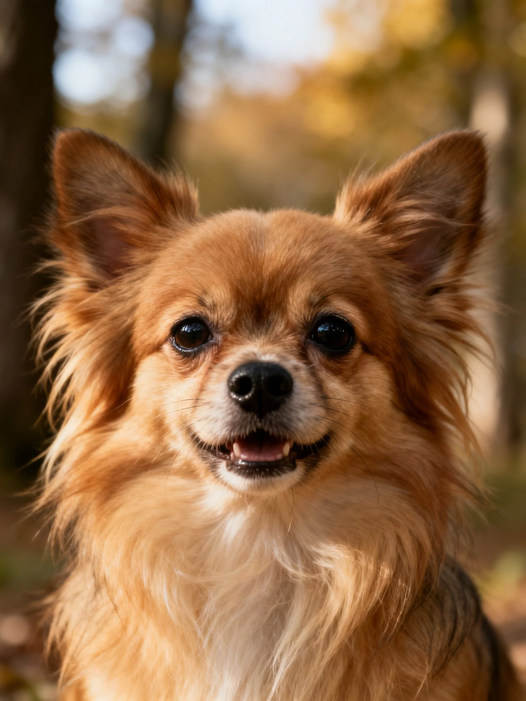 A cheerful tan-furred small dog smiles happily among sunlit autumn trees.