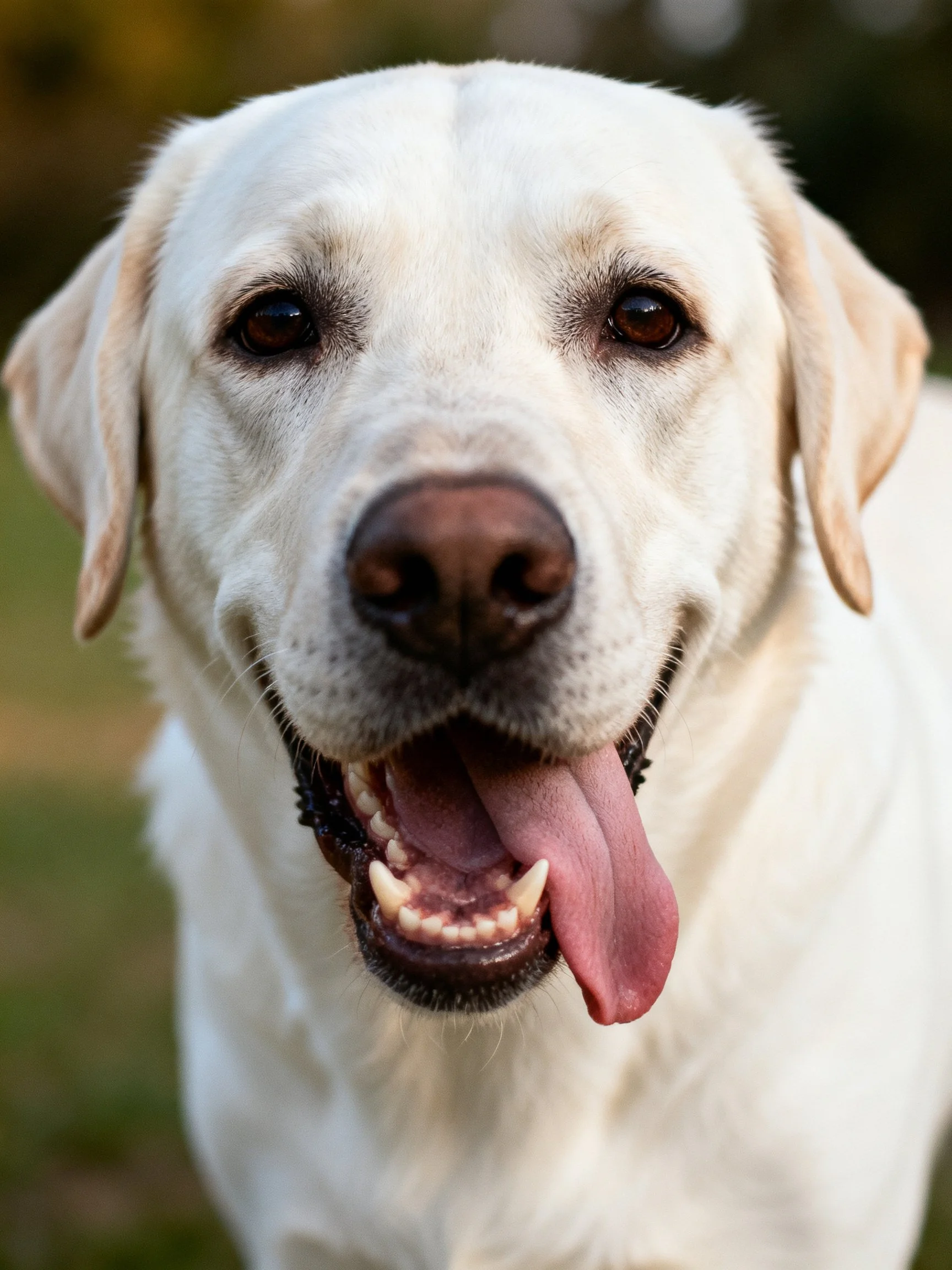 Cheerful white Labrador retriever panting outdoors