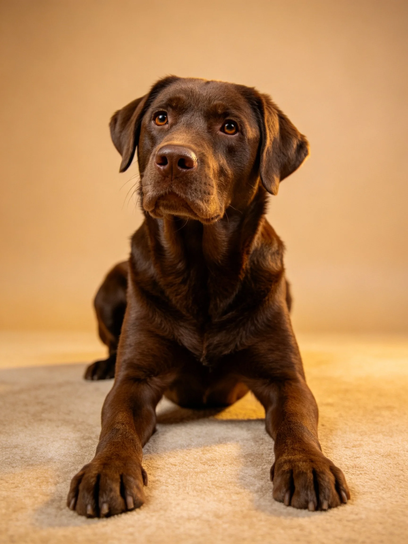 Chocolate Labrador Retriever resting on a soft carpet