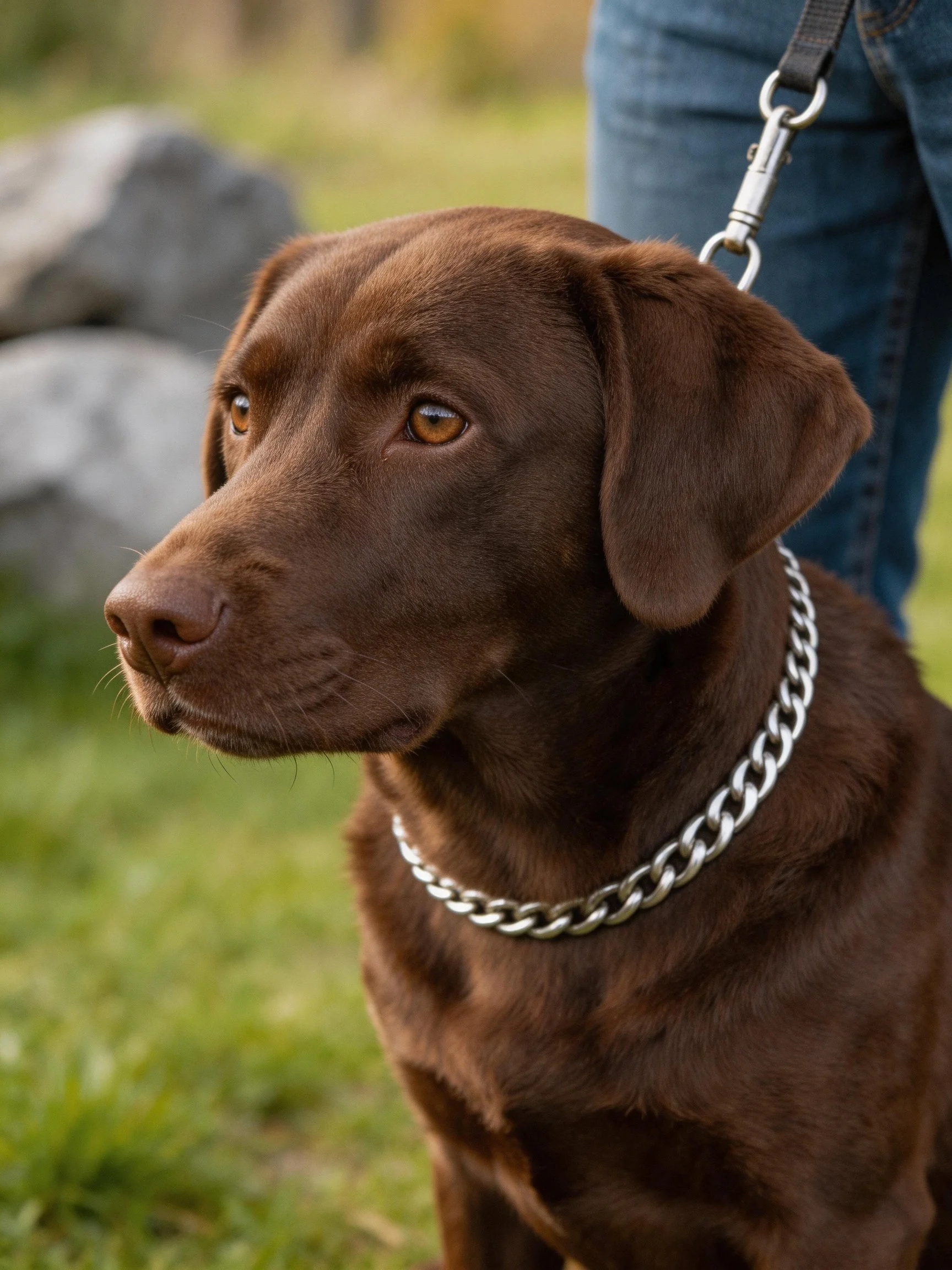 Chocolate Labrador Retriever with silver chain collar in a grassy outdoor area