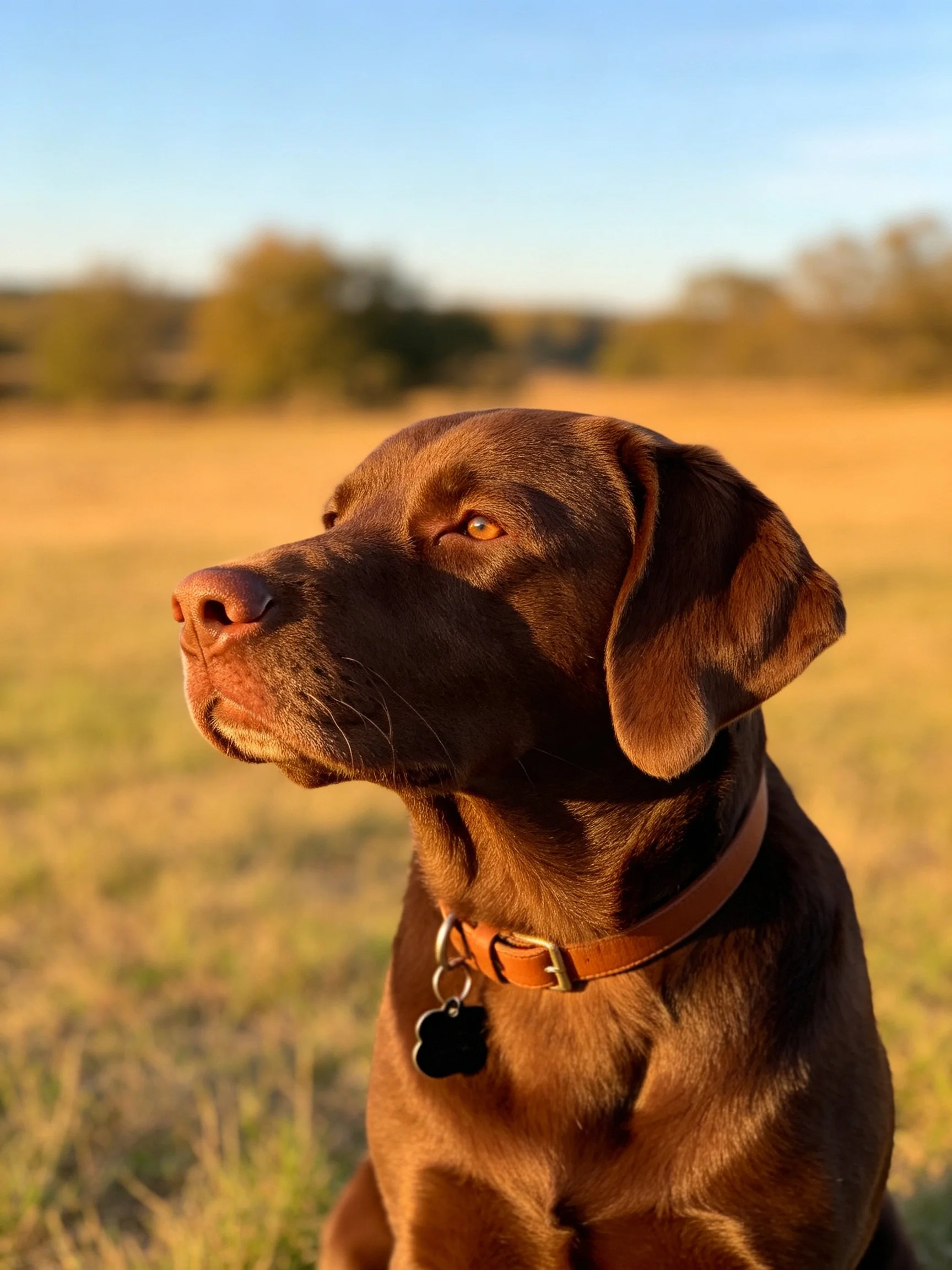 Chocolate Labrador in a sunlit open field
