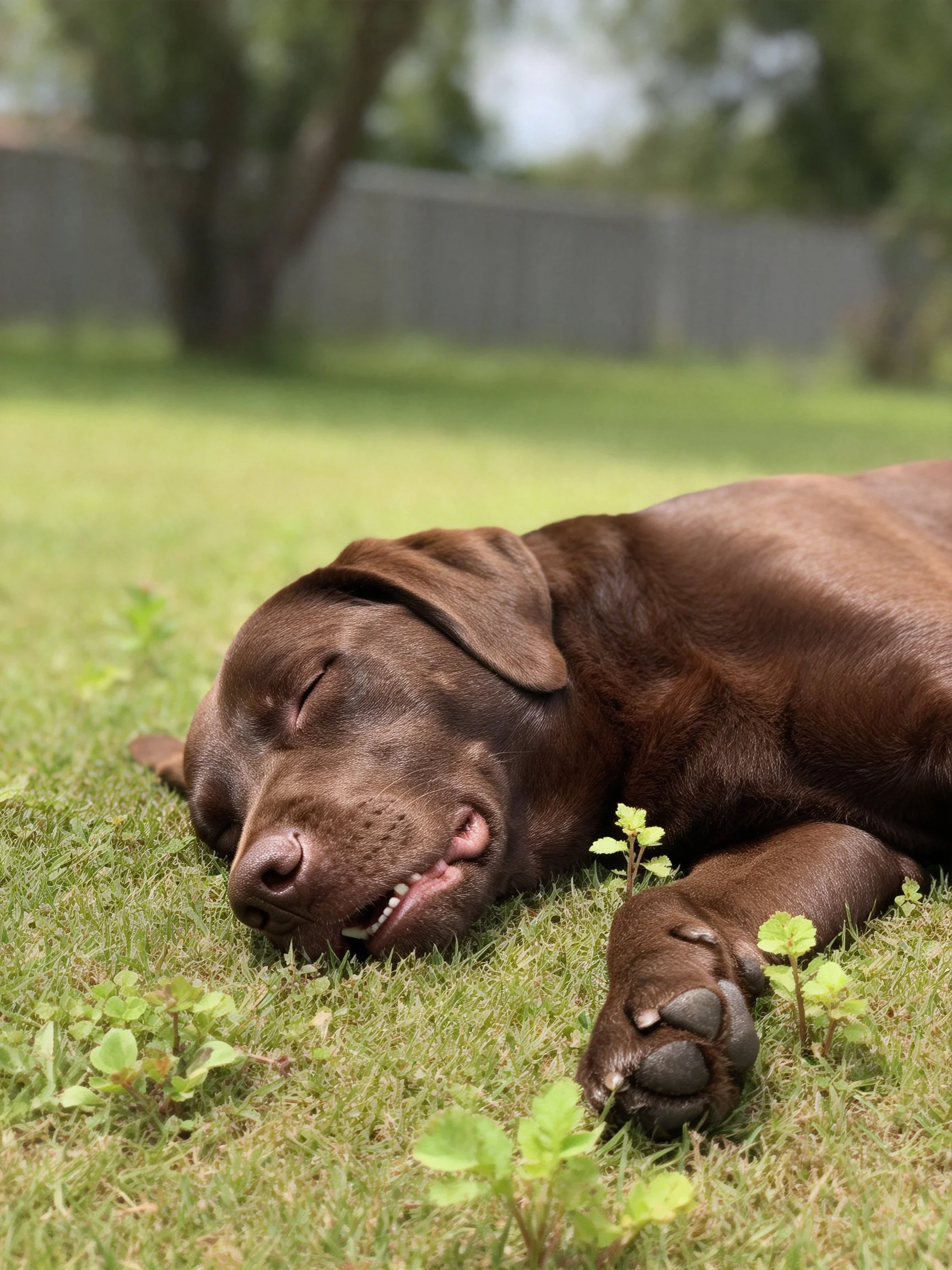 Chocolate Labrador puppy sleeping on green grass
