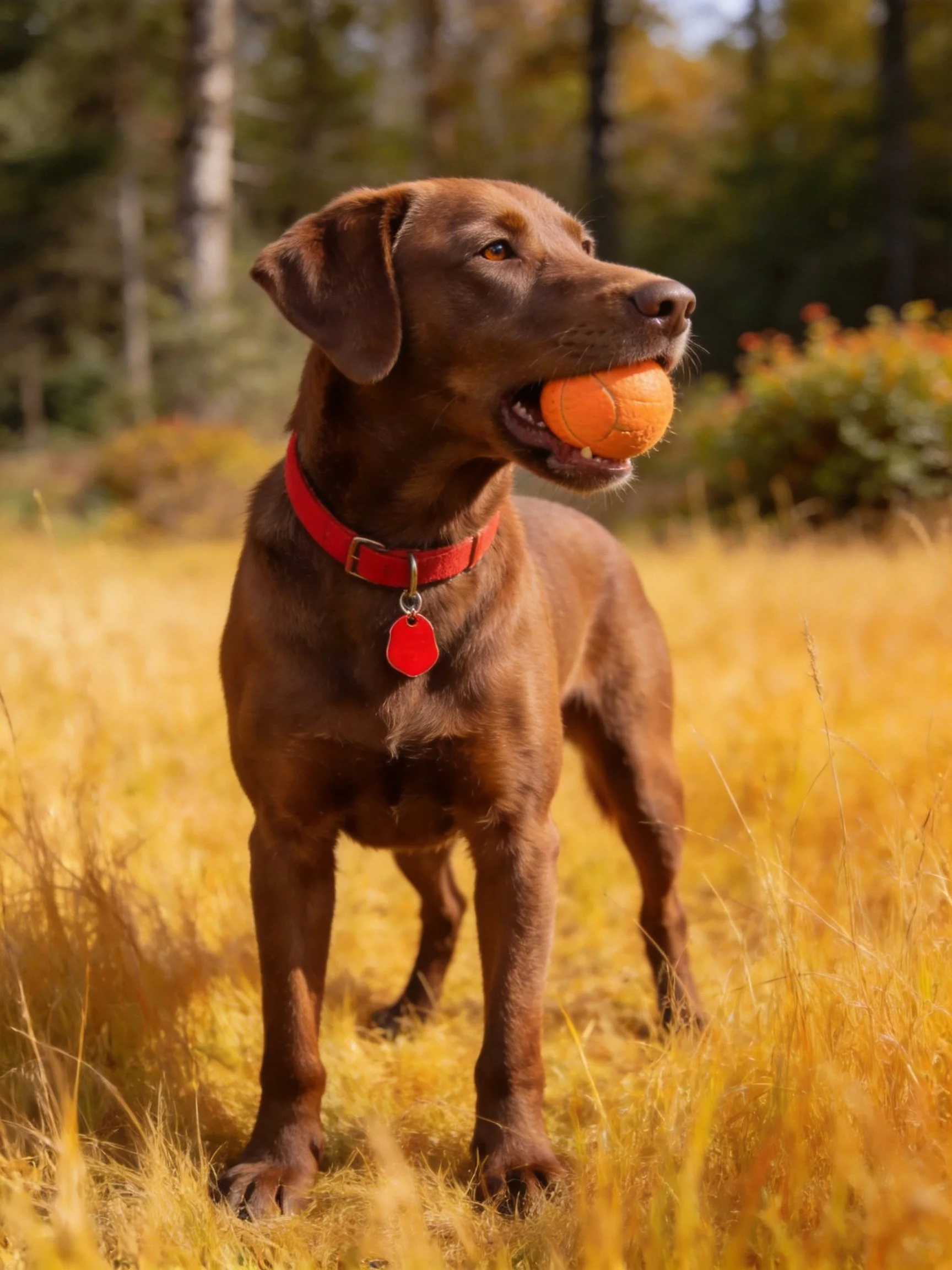 Chocolate Labrador retriever holds orange ball in golden field