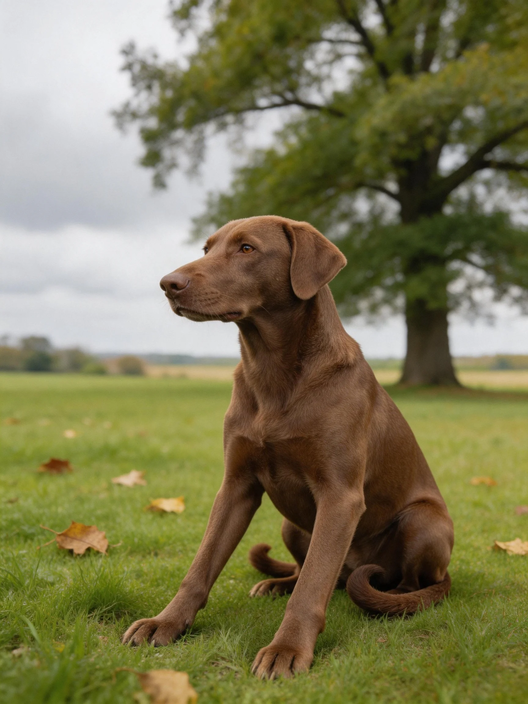 Chocolate Labrador sits on lush green grass near a large tree