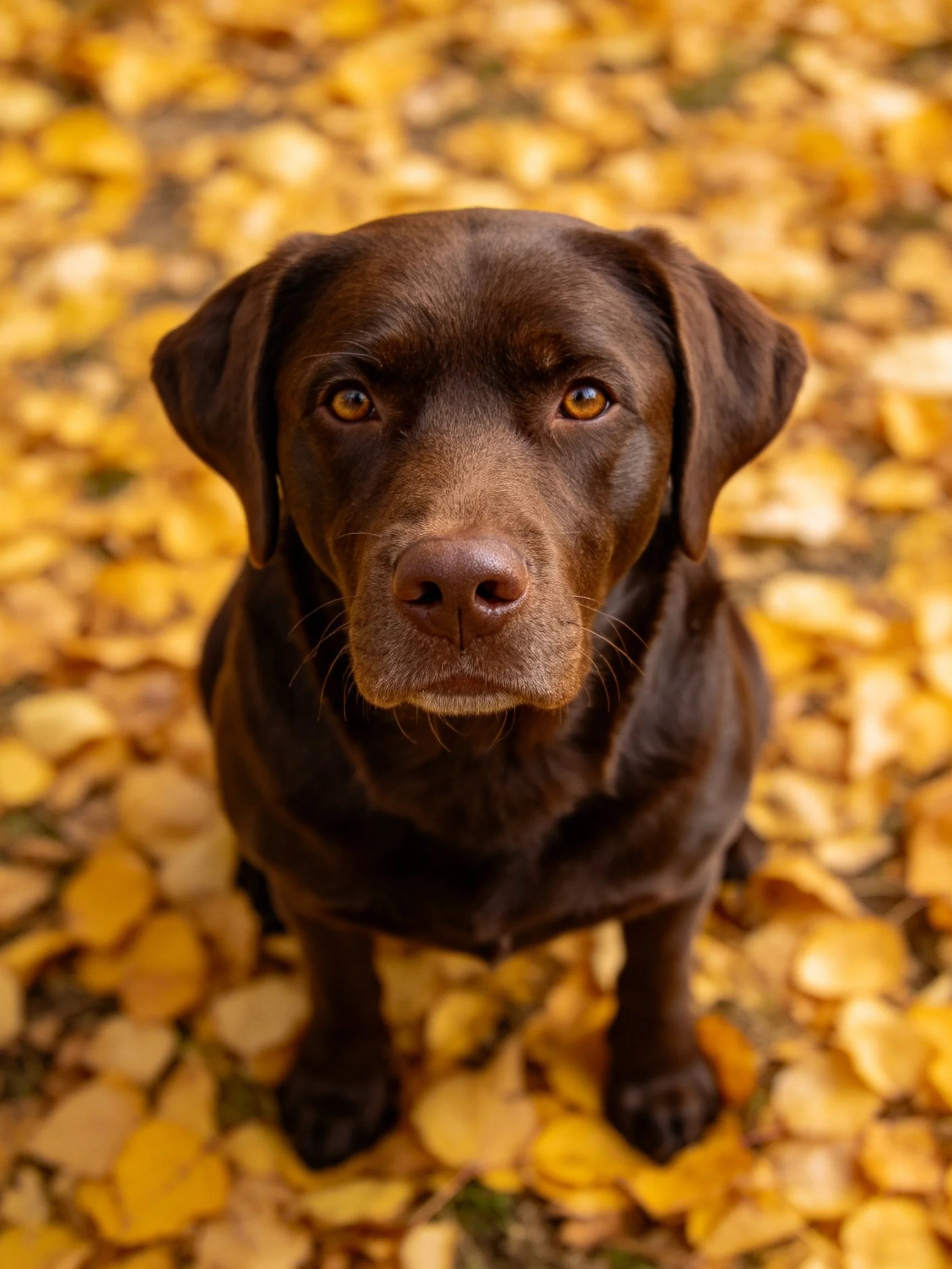 Chocolate Labrador surrounded by golden autumn leaves