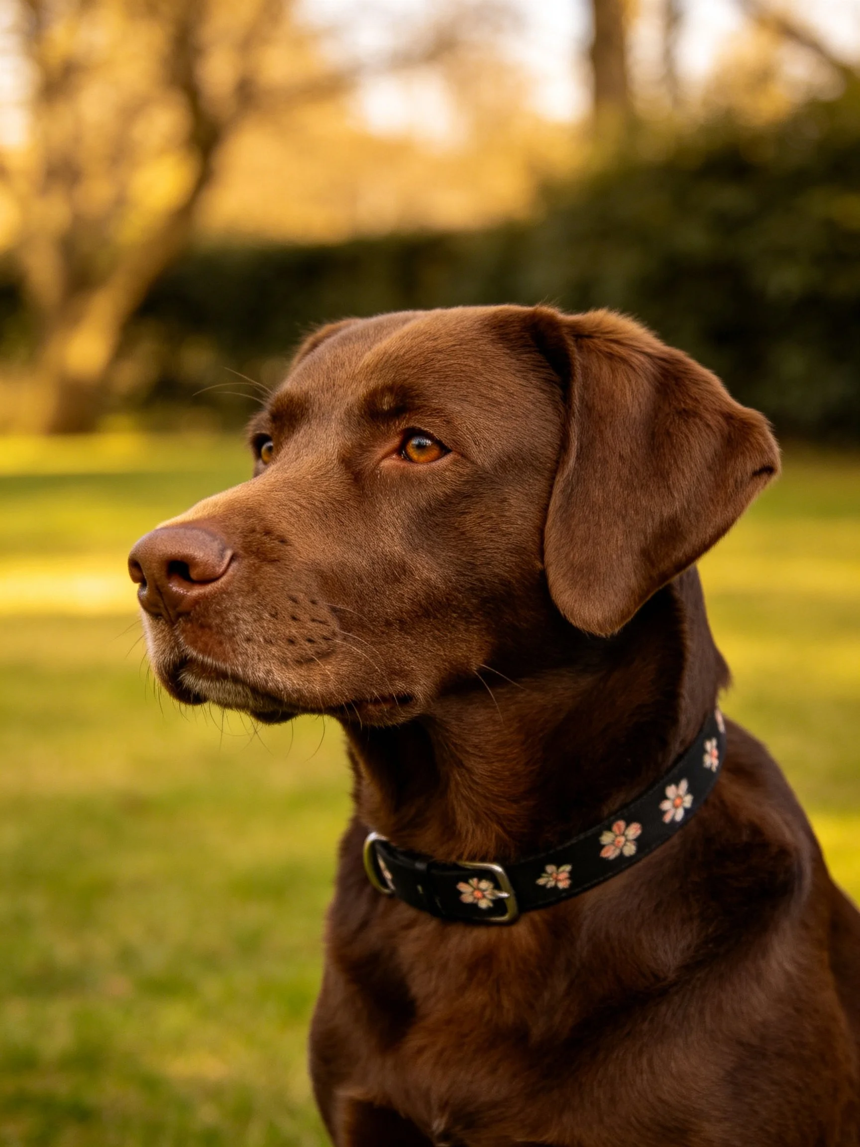 Chocolate Labrador with floral collar in sunlit grassy area