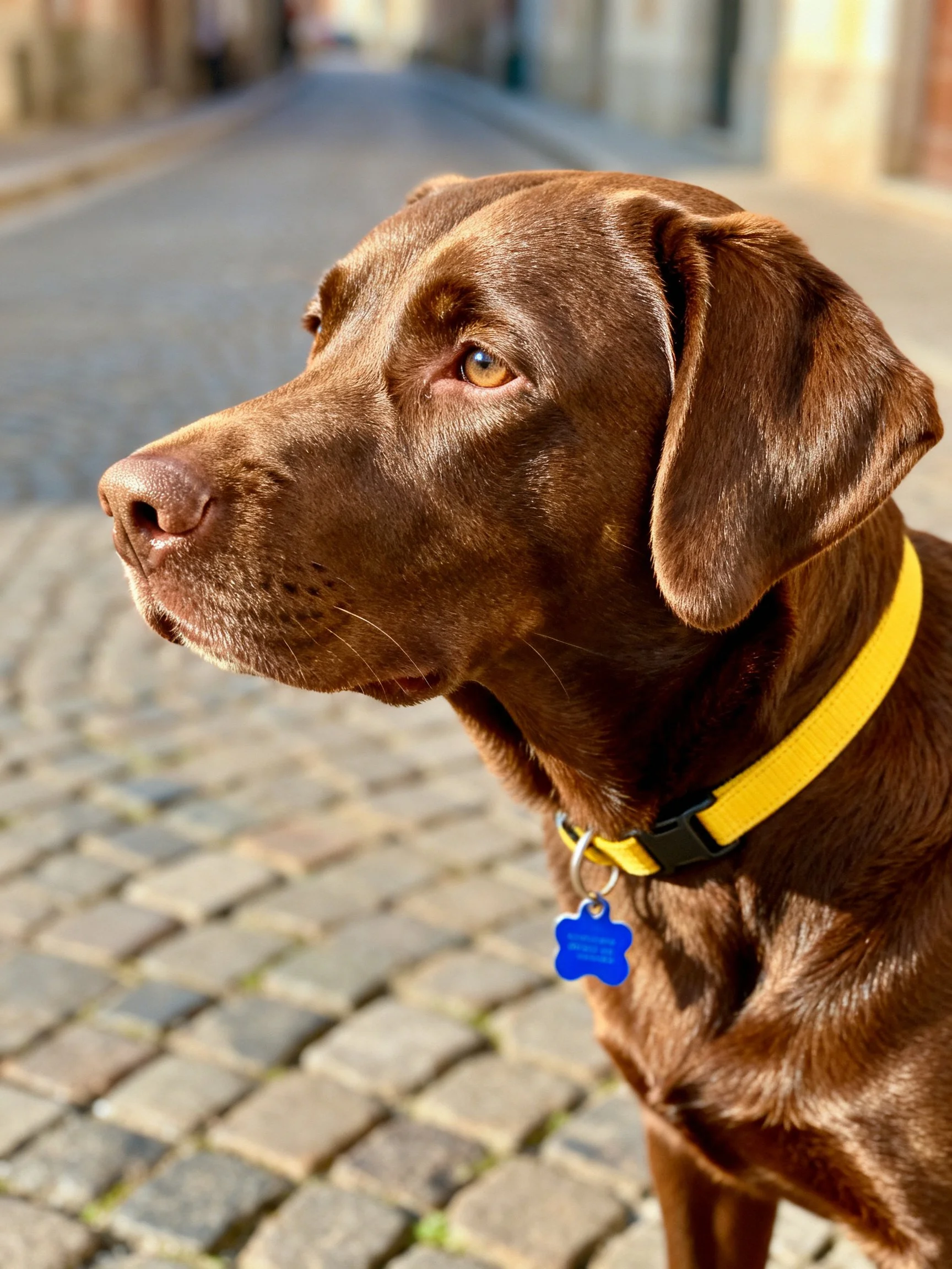 Chocolate Labrador with yellow collar on cobblestone street