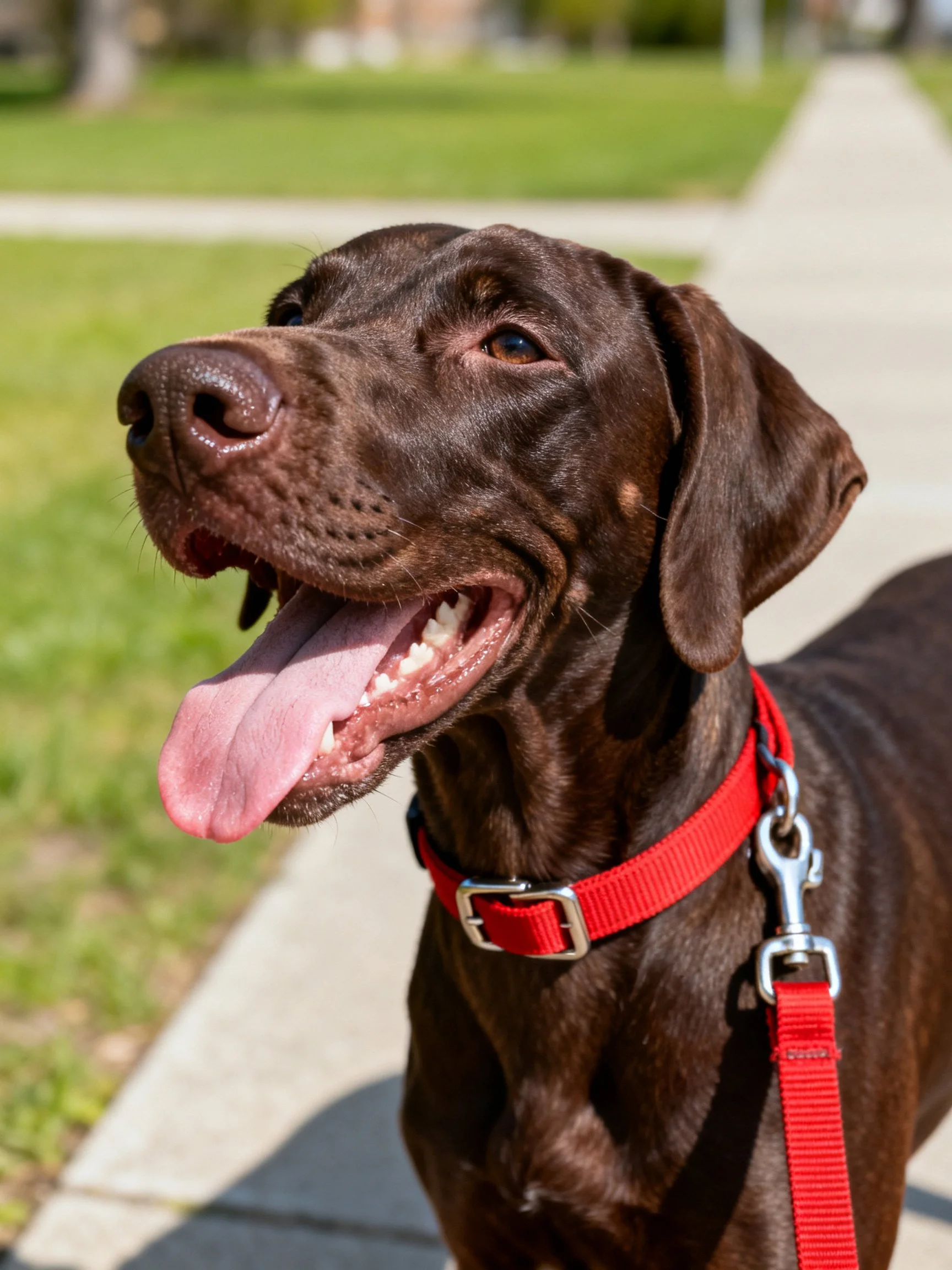 A chocolate-brown dog with a red collar and leash stands outdoors.