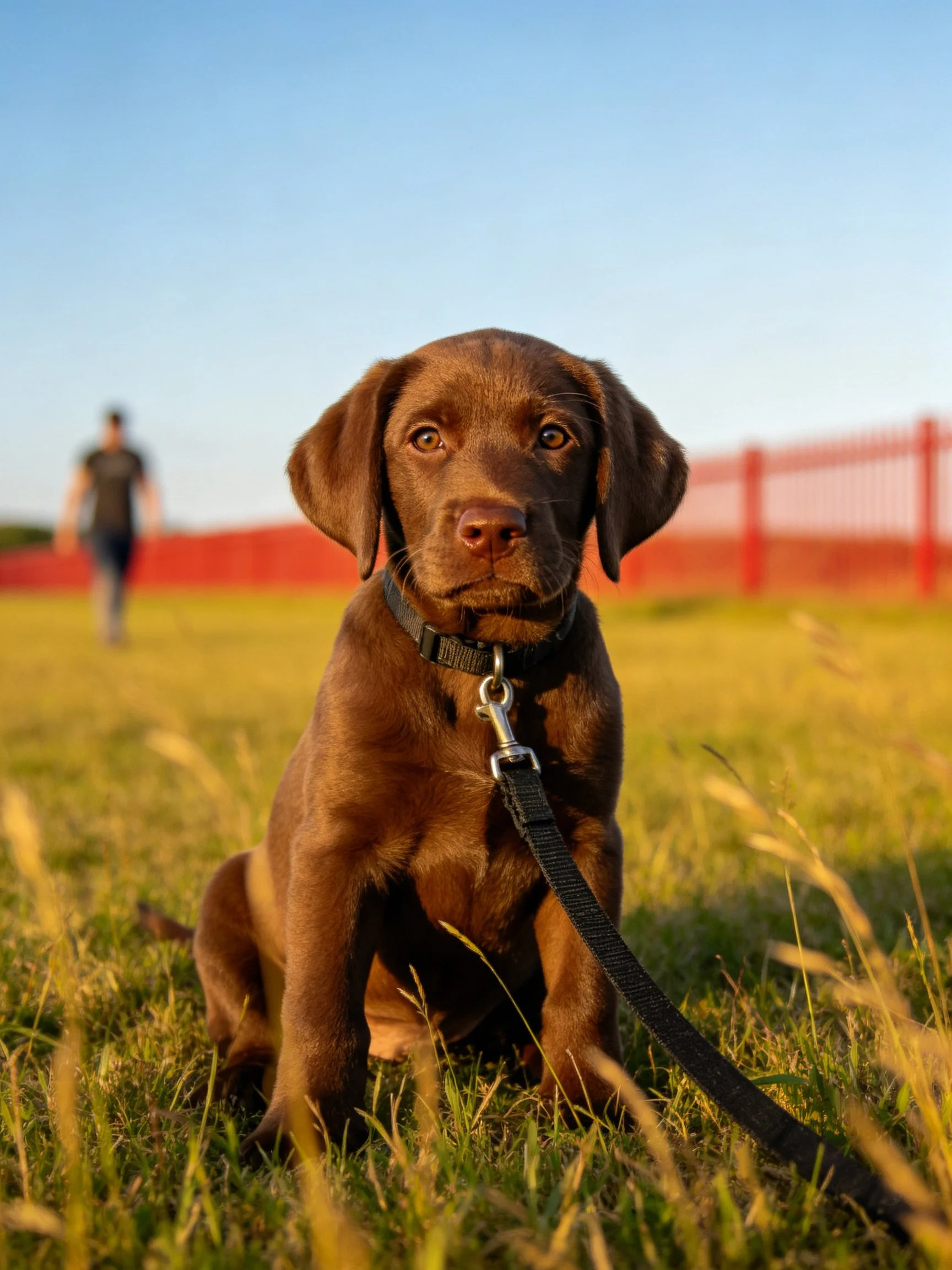 Chocolate labrador puppy sits on grass with leash, red fence in background