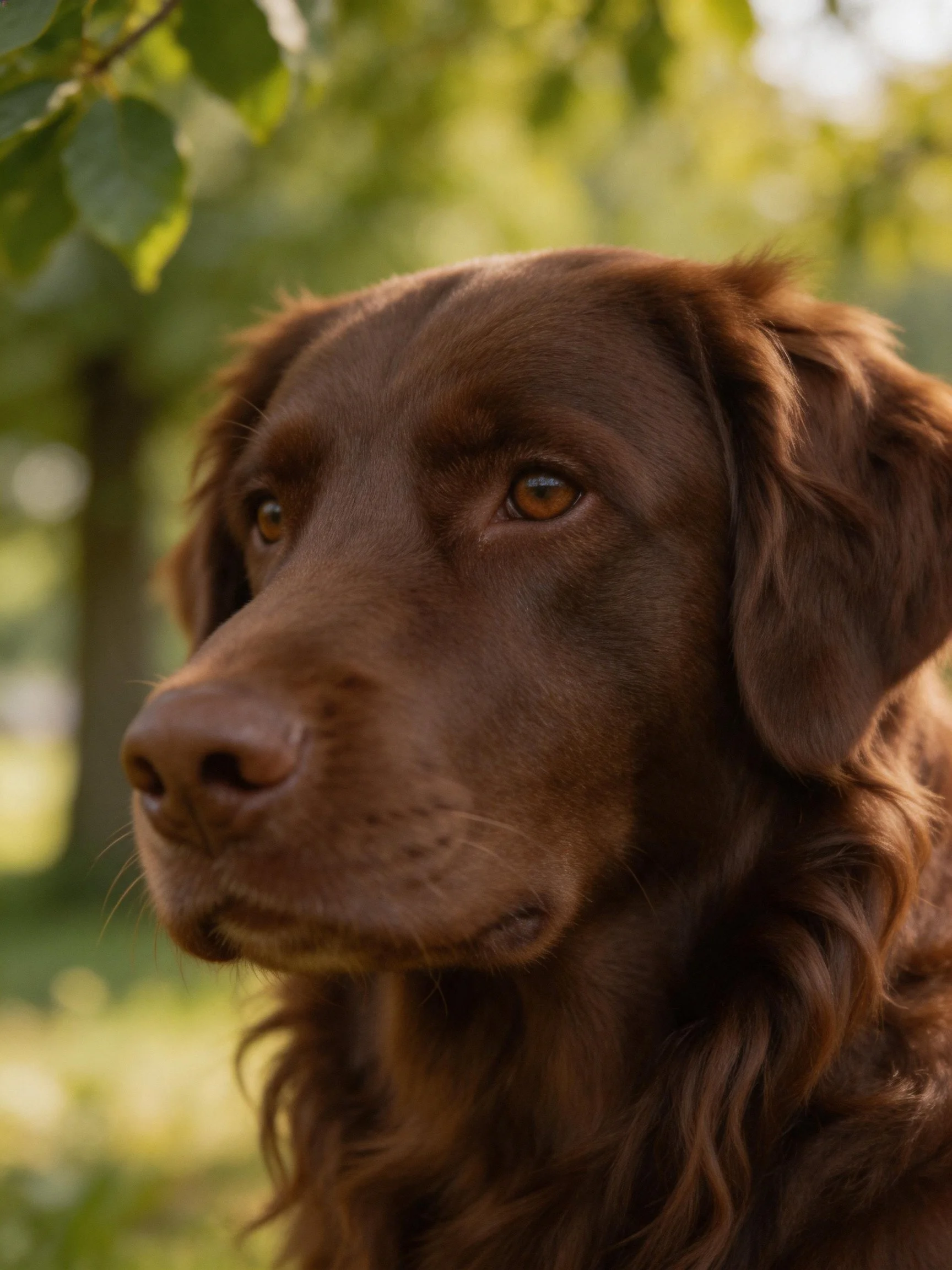 Chocolate retriever with curly fur in a sunlit outdoor setting