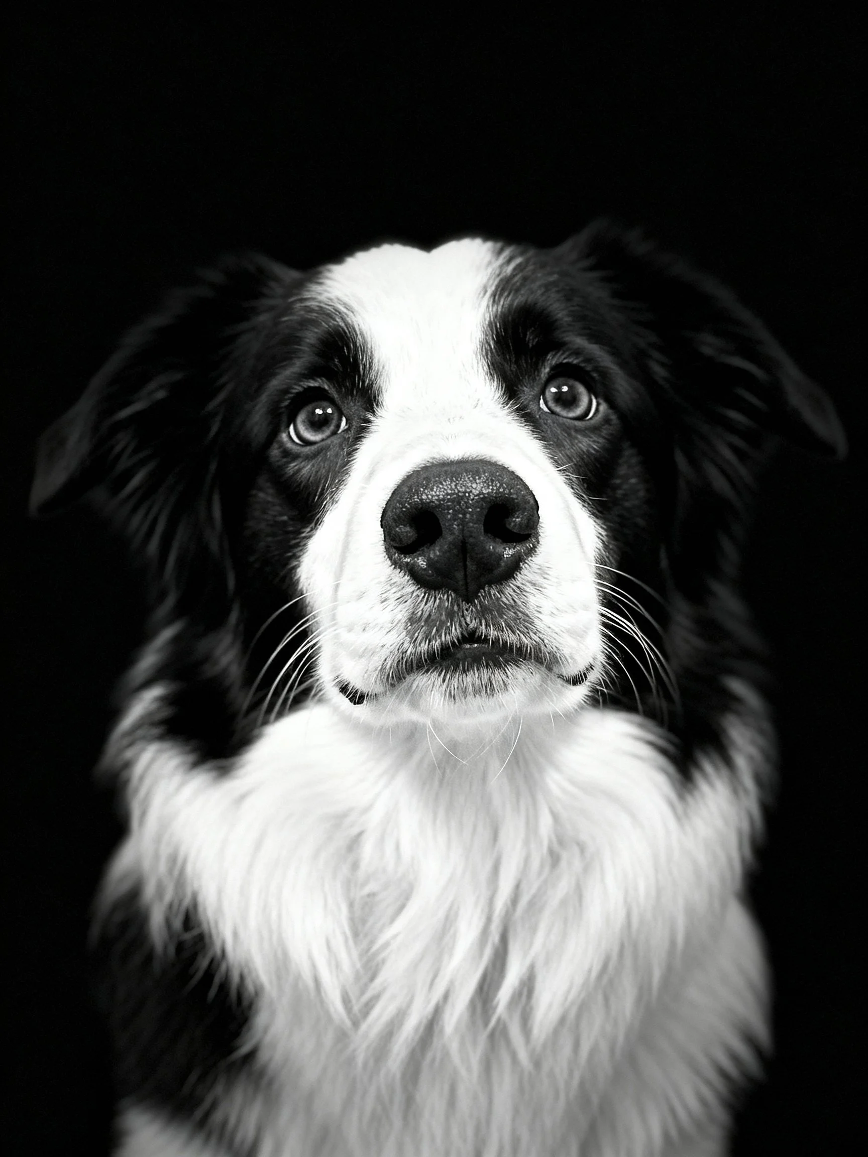 Close-up black and white portrait of a dog with distinct fur contrast