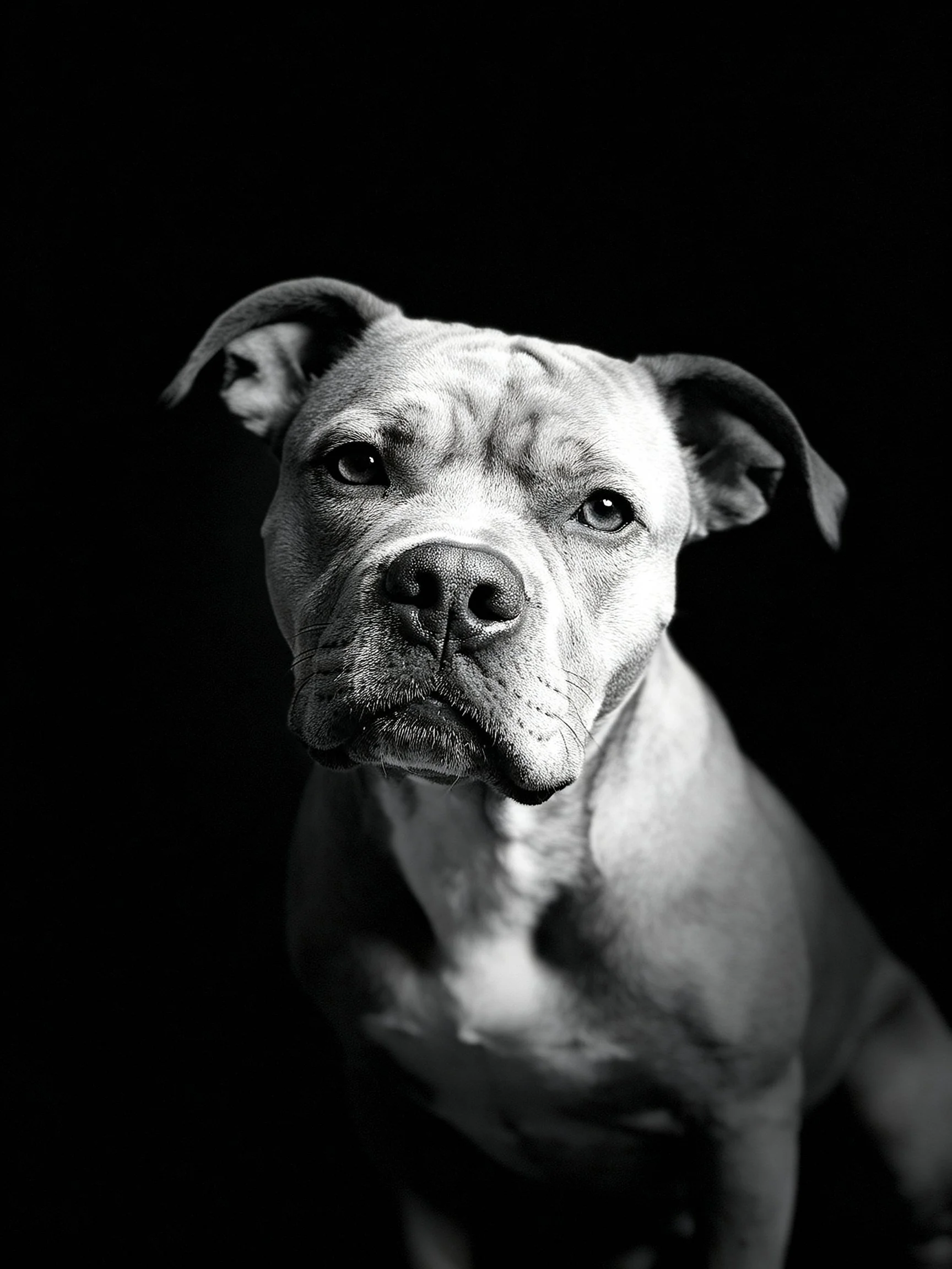 Close-up black and white portrait of a muscular dog