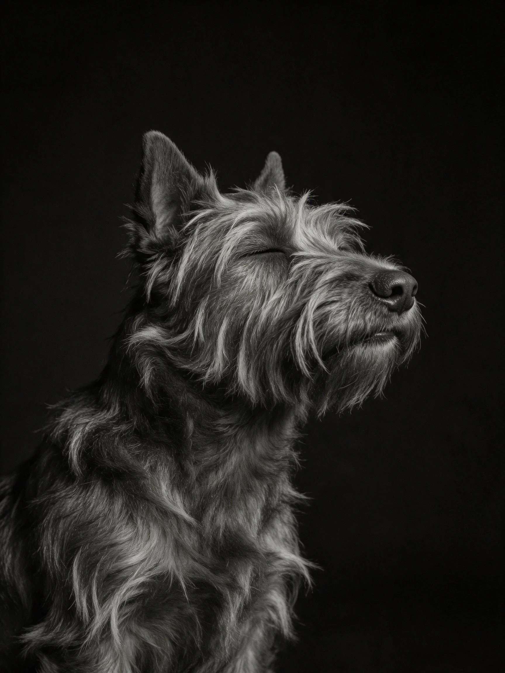 Close-up black and white portrait of a shaggy -ated dog