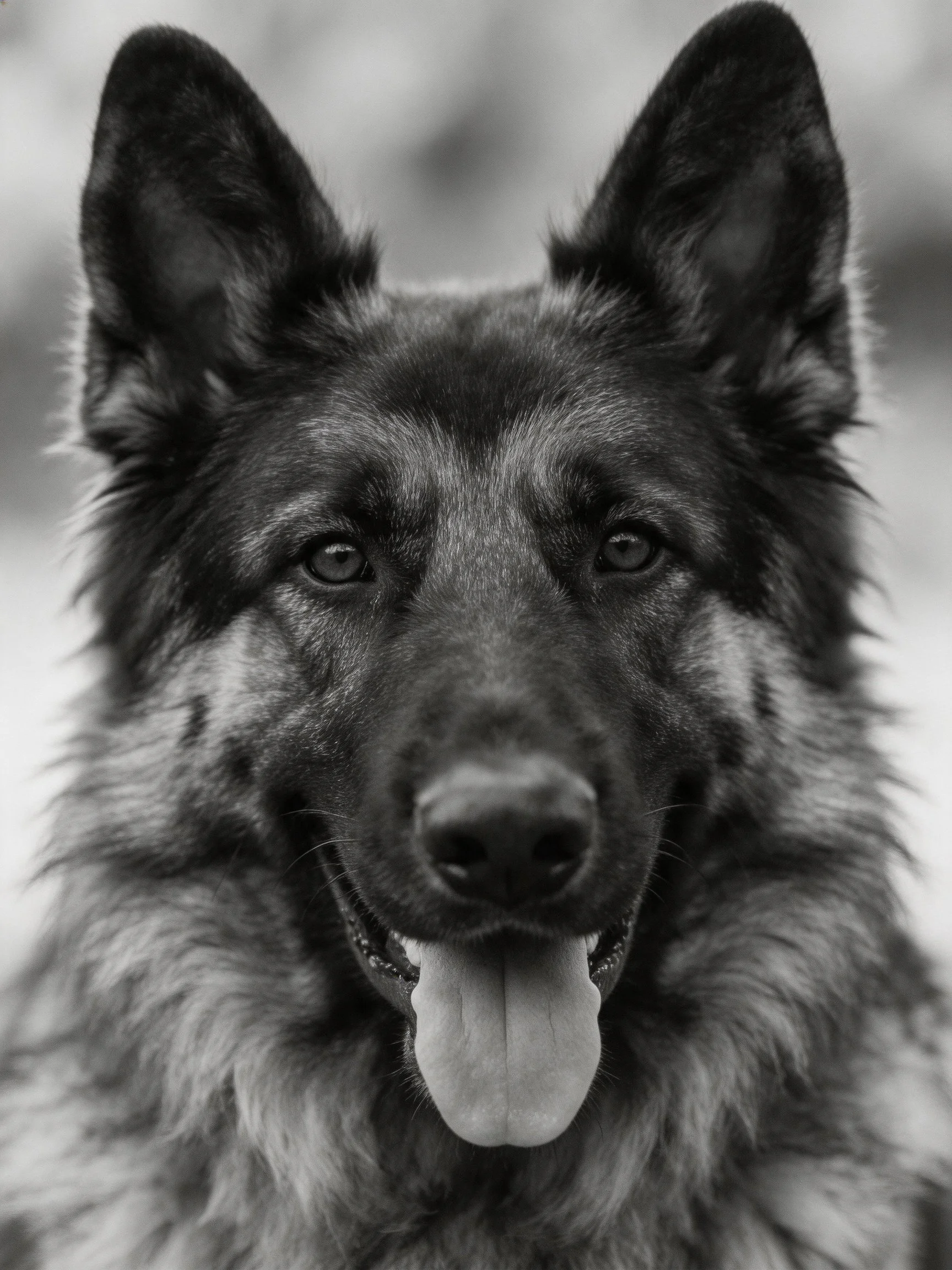 Close-up black and white shot of a German Shepherd’s face