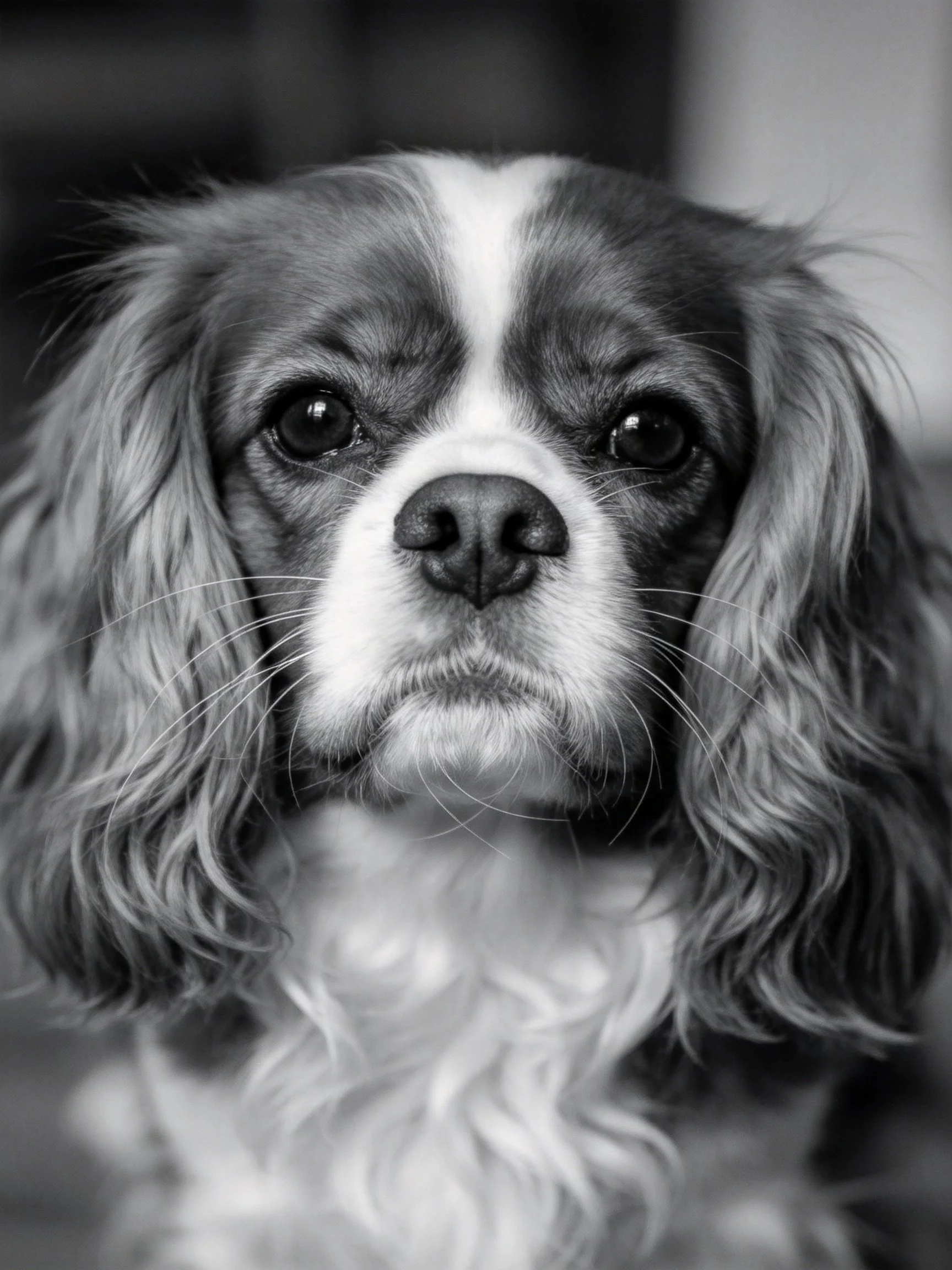 Close - up of a Cavalier King Charles Spaniel in black and white
