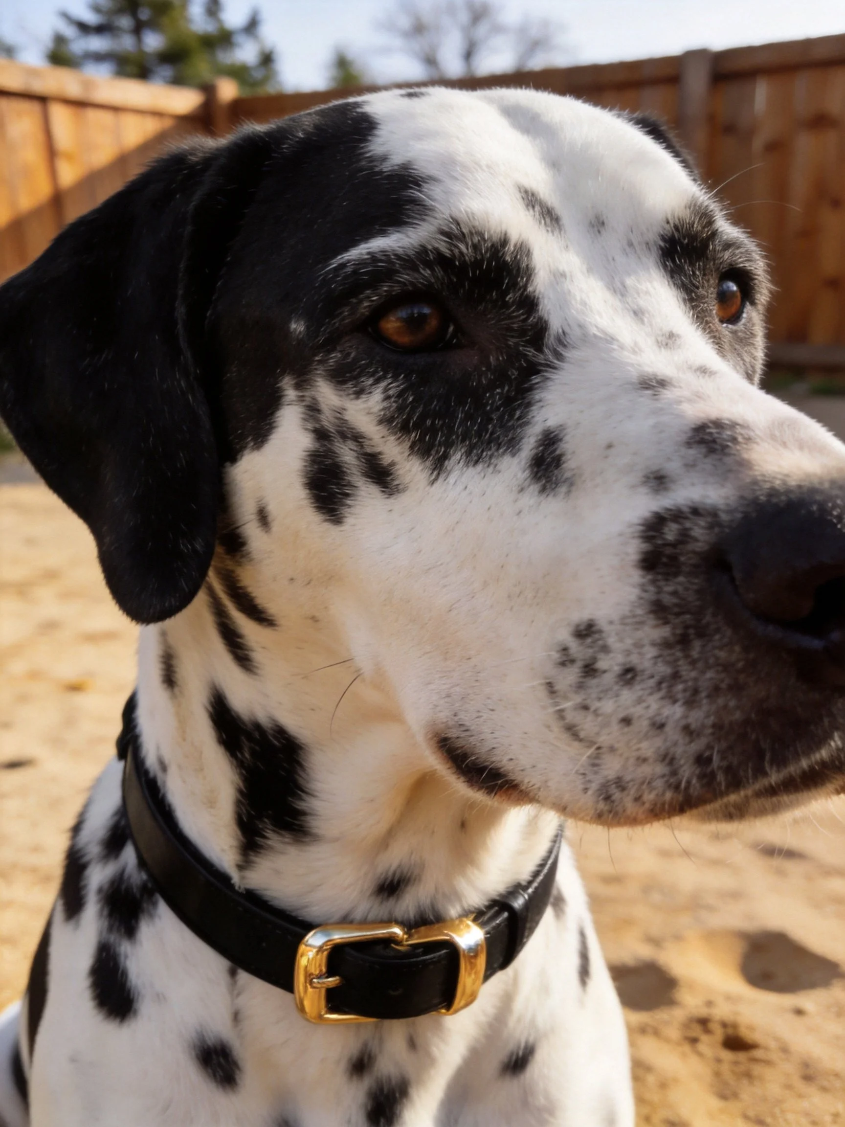 Close - up of a Dalmatian with black and white spotted coat
