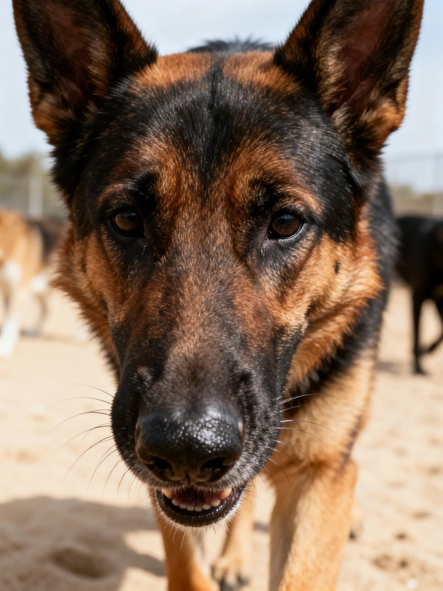 A German Shepherd dog is photographed up close in an outdoor sandy area.