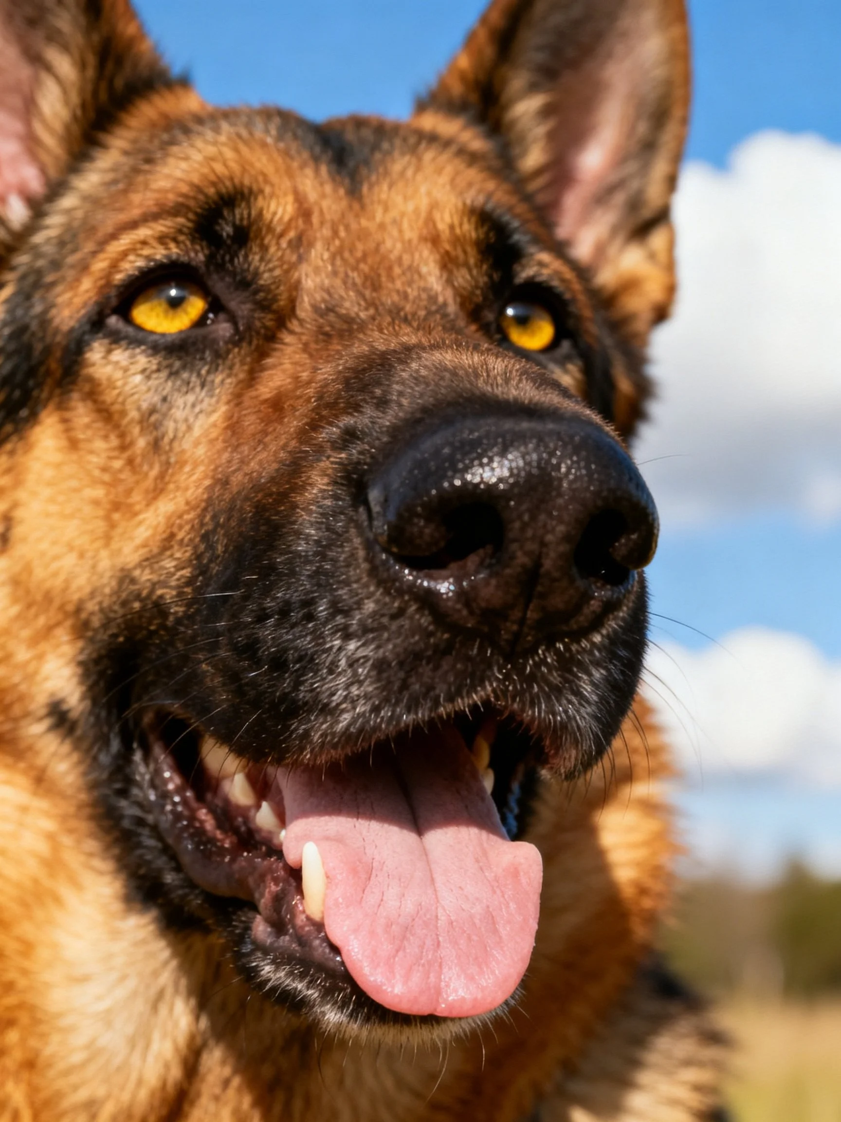 A close - up of a German Shepherd dog with open mouth and yellow eyes under a blue sky.