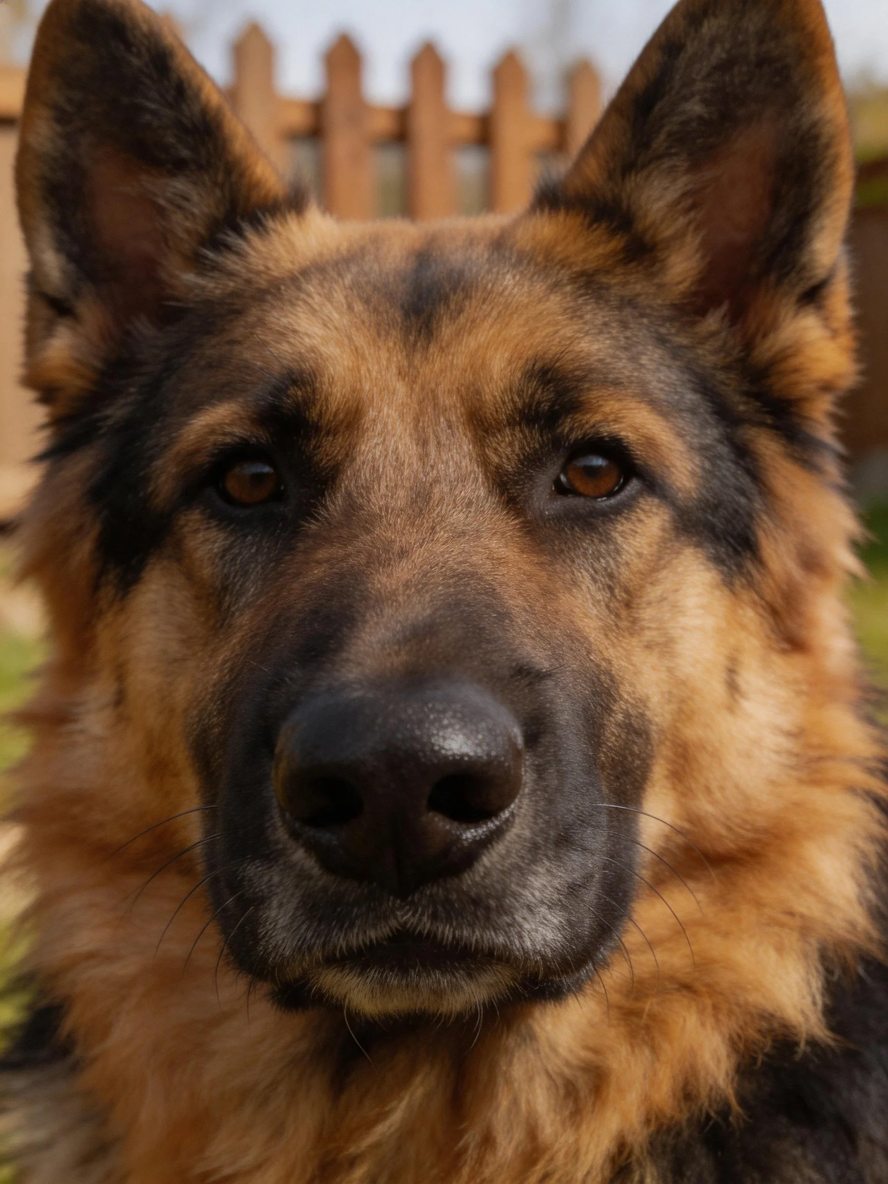 A close-up of a German Shepherd with tan and dark brown furin an outdoor setting.