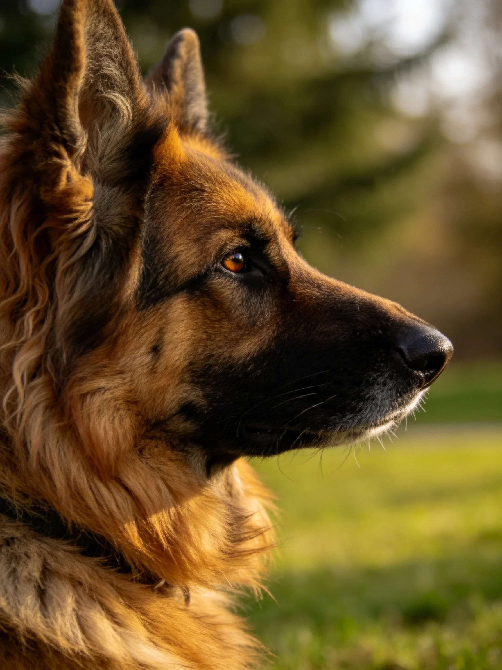 A close - up photograph of a German Shepherd with detailed fur and an outdoor backdrop.