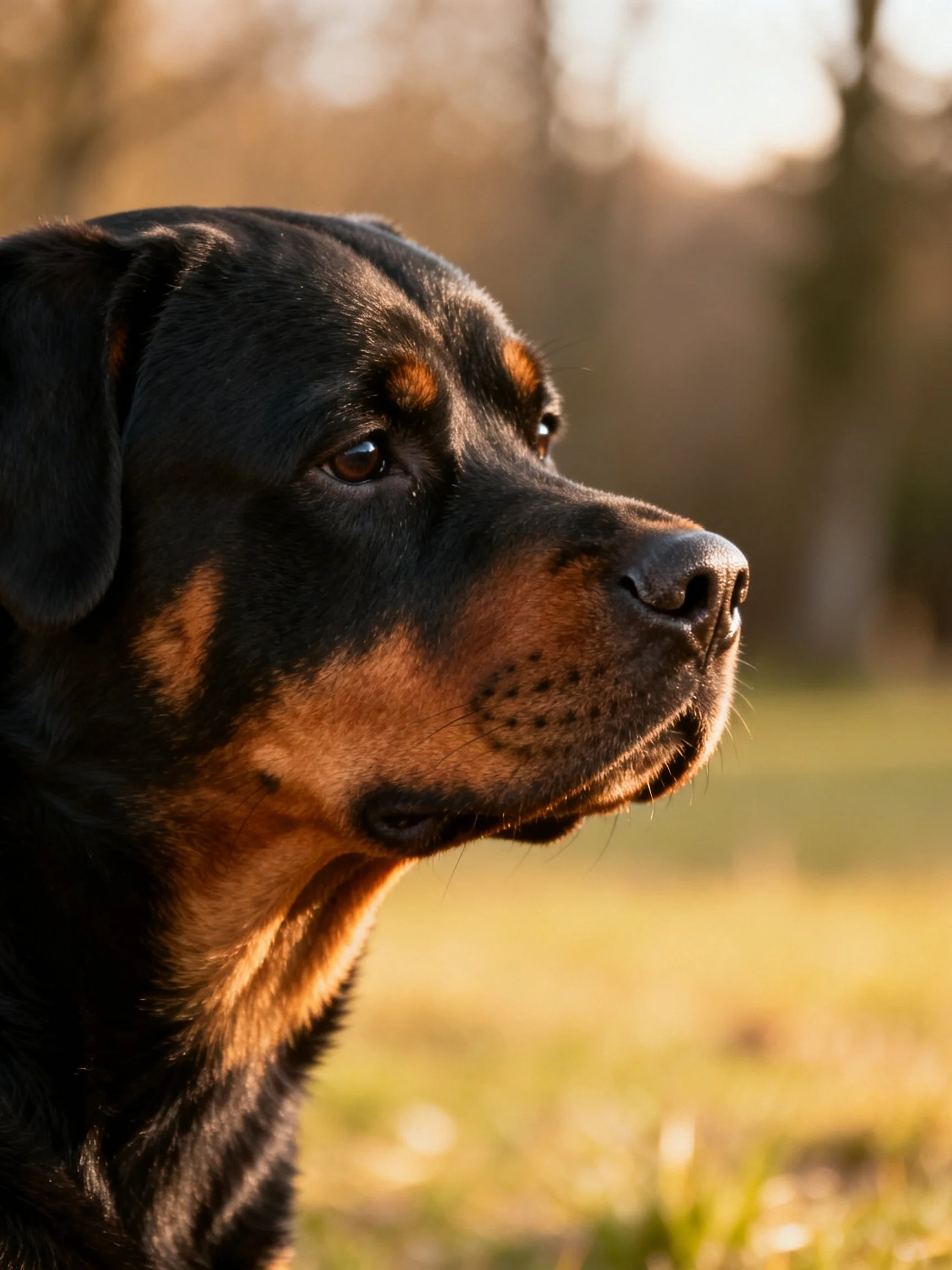 A close-up of a Rottweiler with black and tan fur in a blurred natural environment.