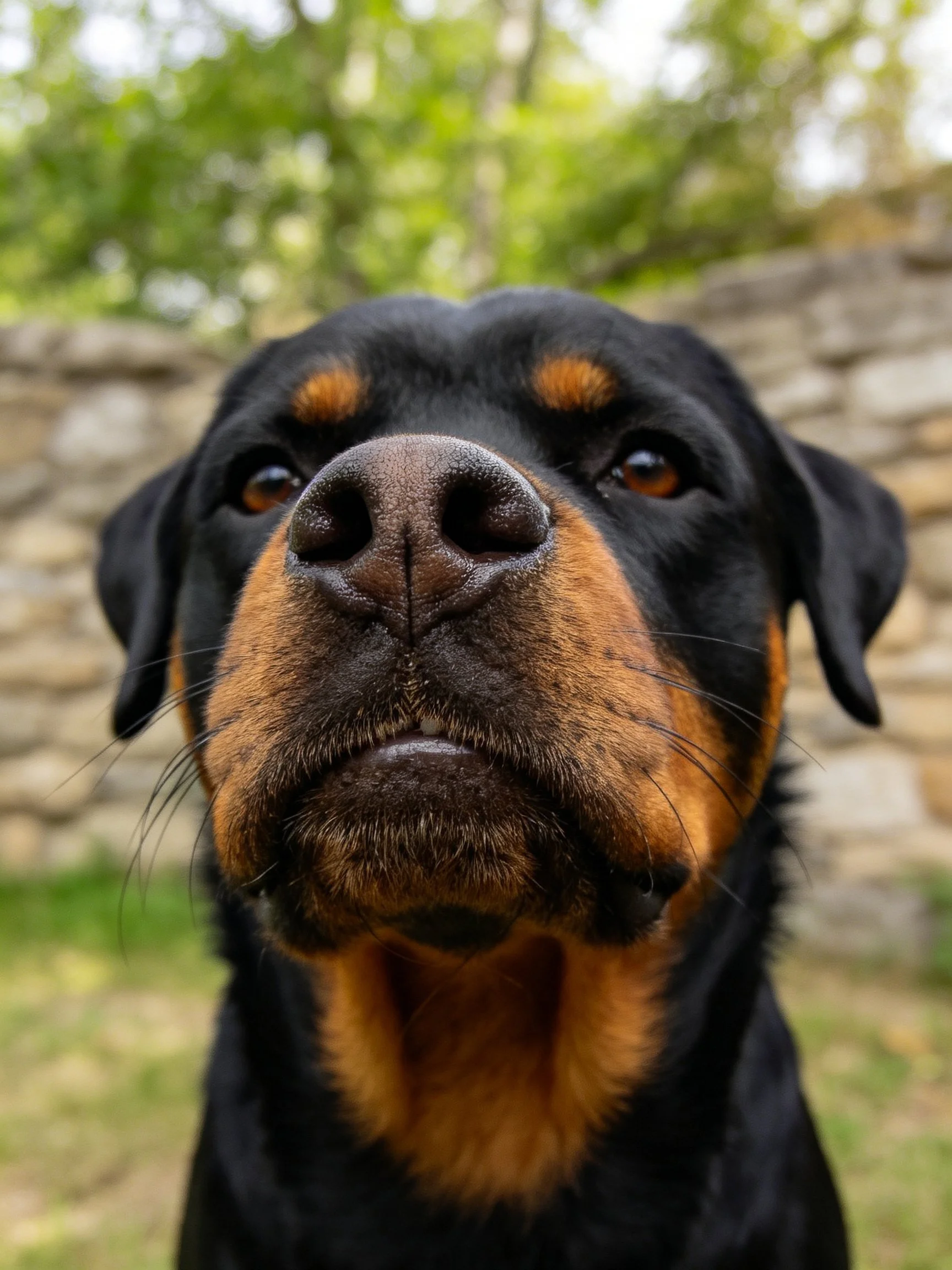 Close - up of a Rottweiler’s face with black and tan fur