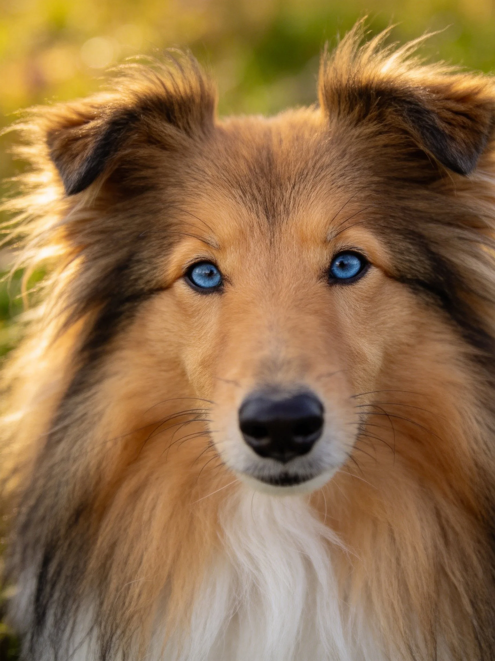 Close - up of a Shetland Sheepdog with blue eyes and long brown fur
