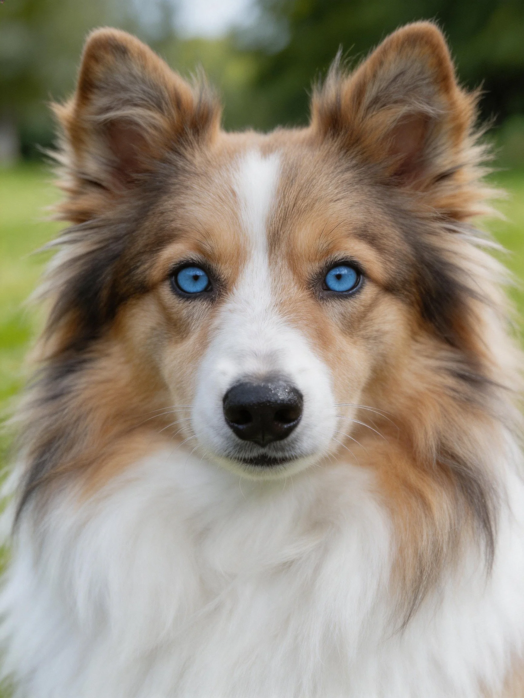Close - up of a Shetland Sheepdog with bright blue eyes and brown - white fur