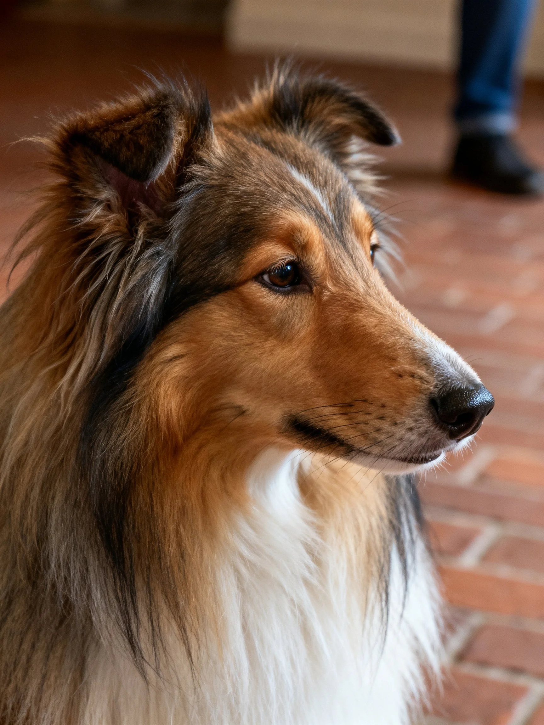Close-up of a Shetland Sheepdog with long brown, black, and white fur