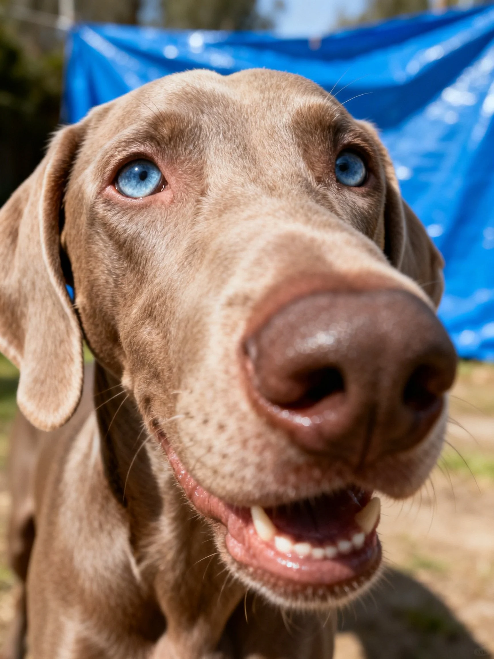 Close - up of a Weimaraner dog with striking blue eyes and tan coat
