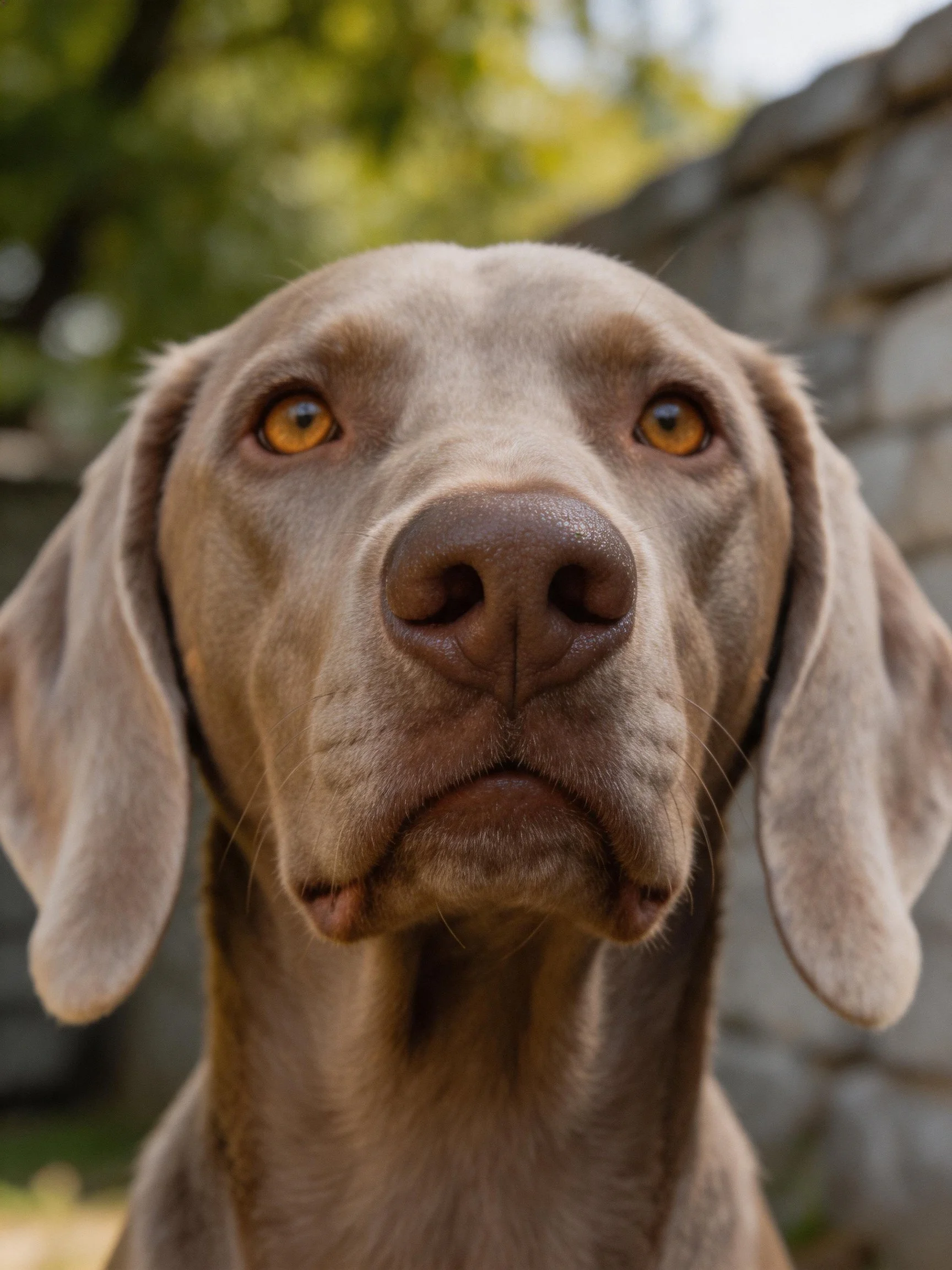 Close-up of a Weimaraner with amber eyes and sleek gray fur