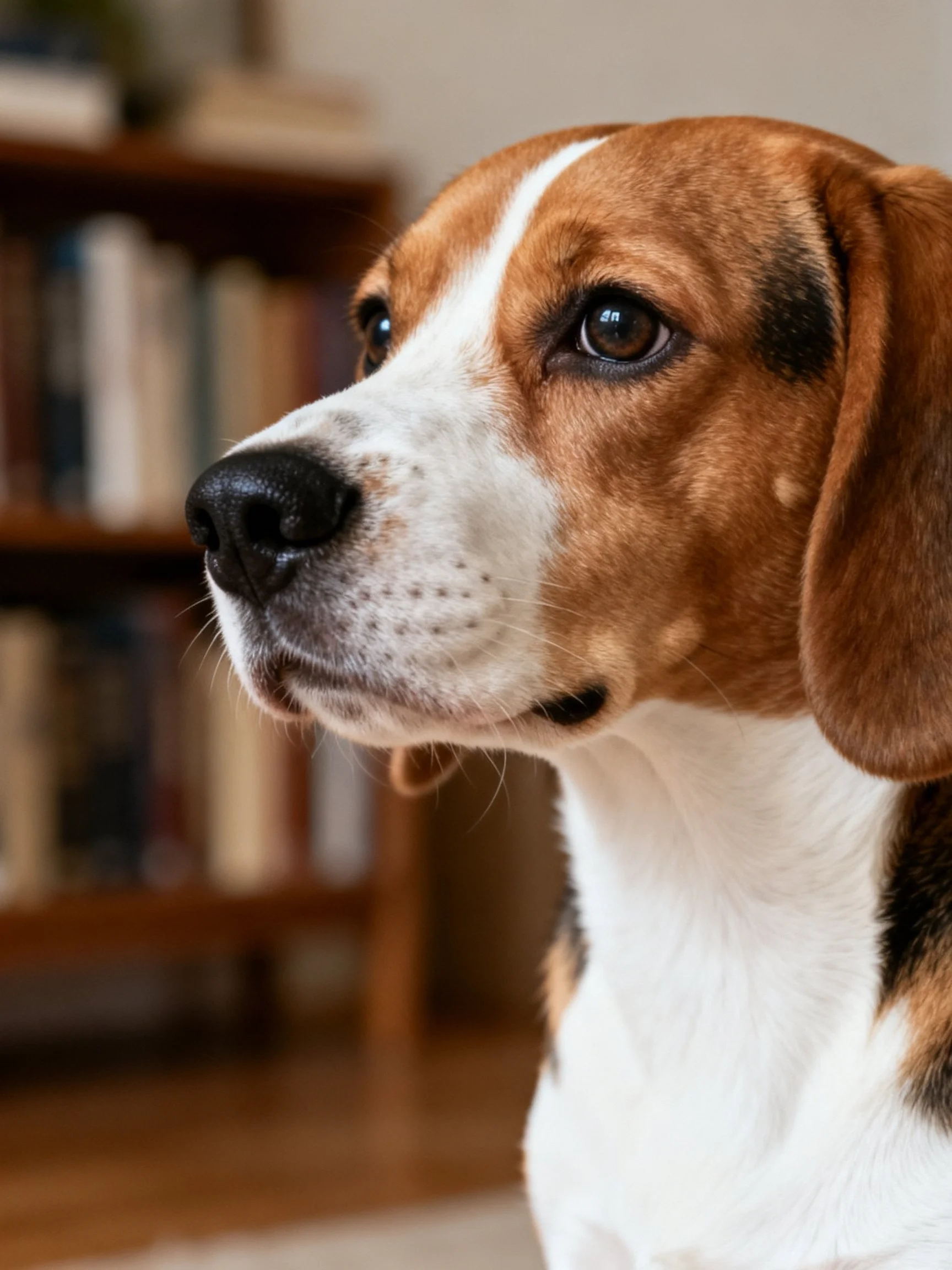 Close-up of a beagle with brown, white, and black fur next to a bookshelf