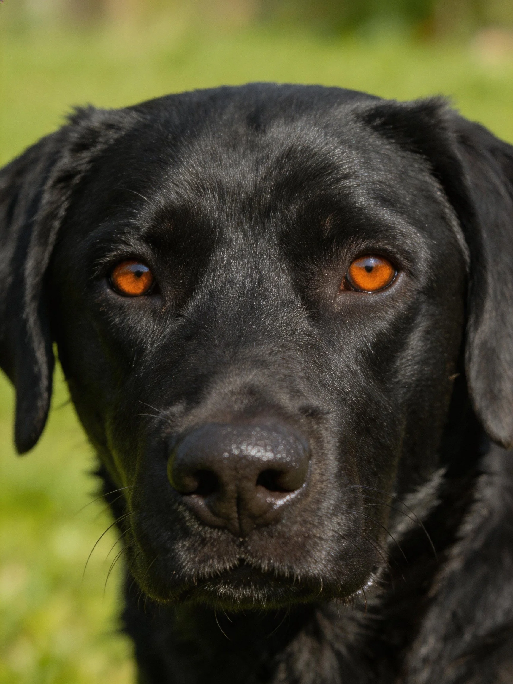 Close-up of a black Labrador Retriever with orange eyes