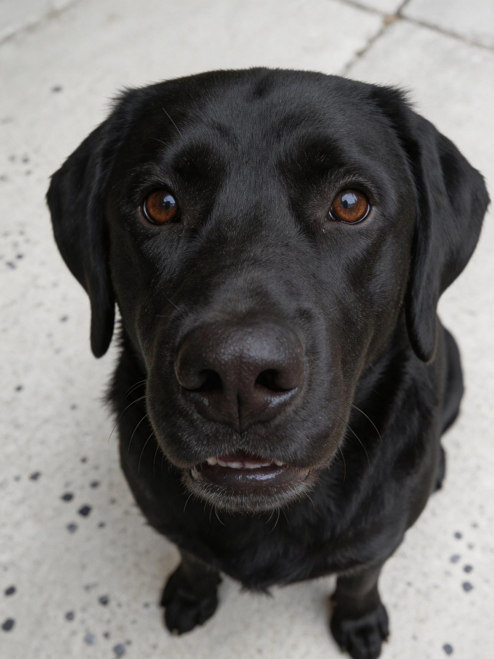 Close-up of a black Labrador retriever with amber eyes