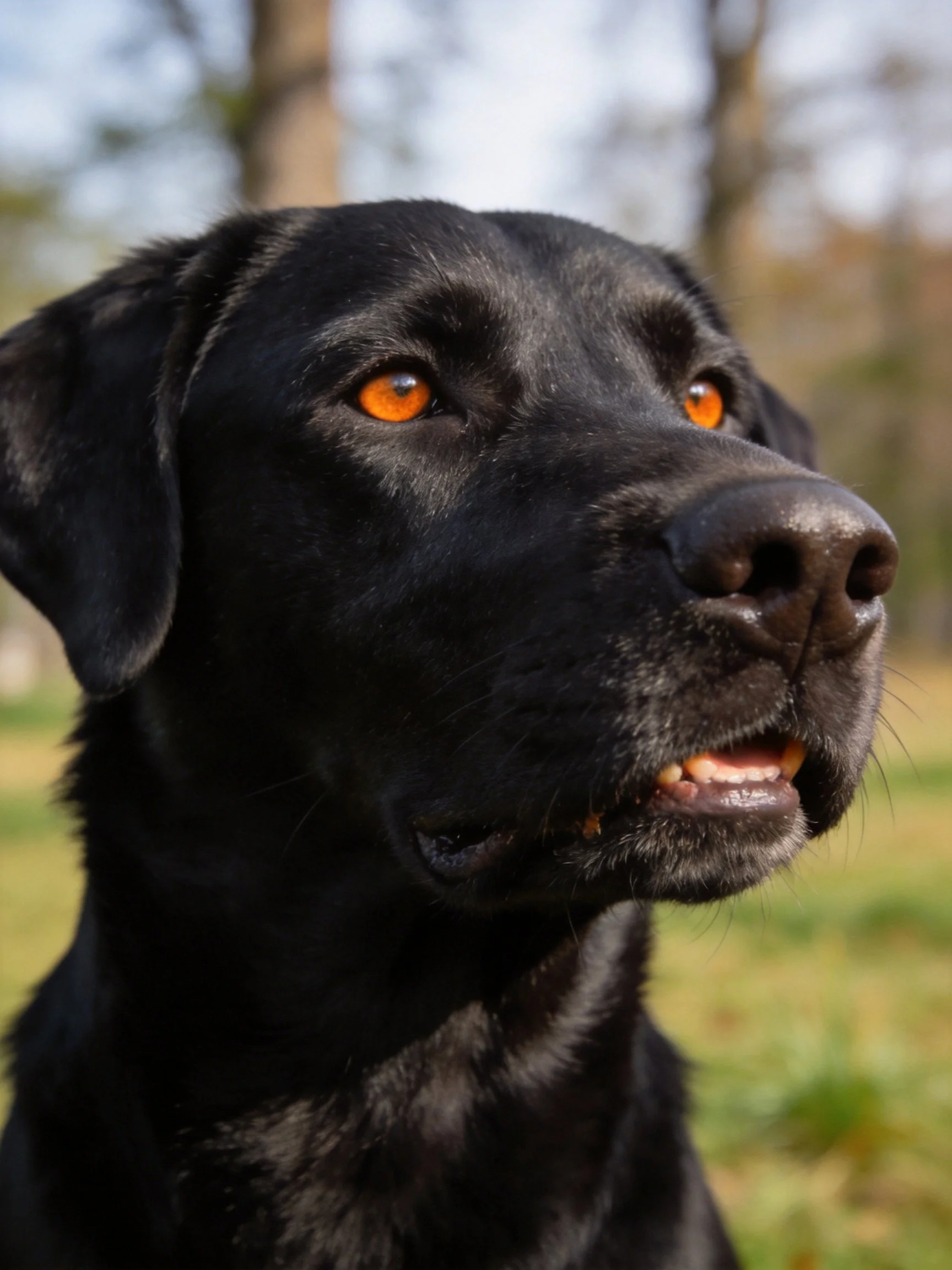 A black Labrador retriever gazes attentively in an outdoor setting.