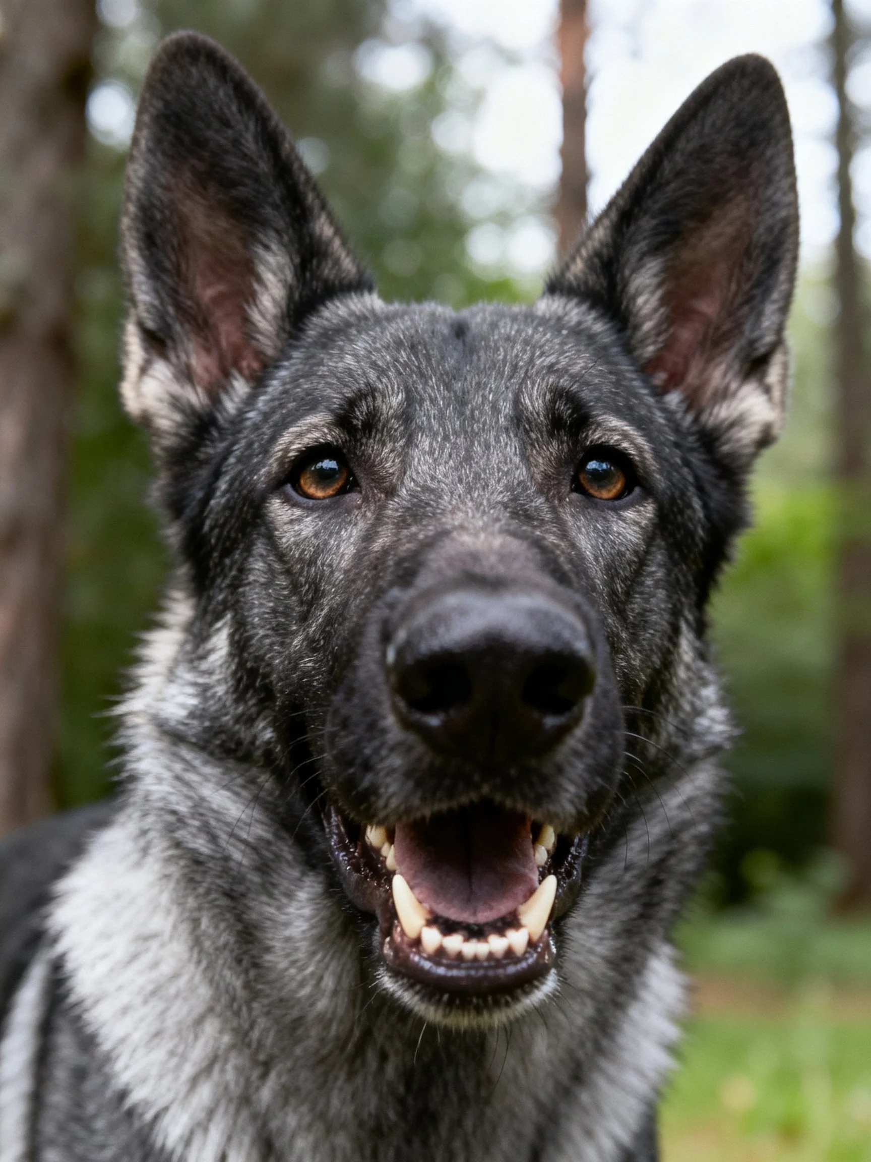 A close-up of a black and gray dog shows its teeth while outdoors.