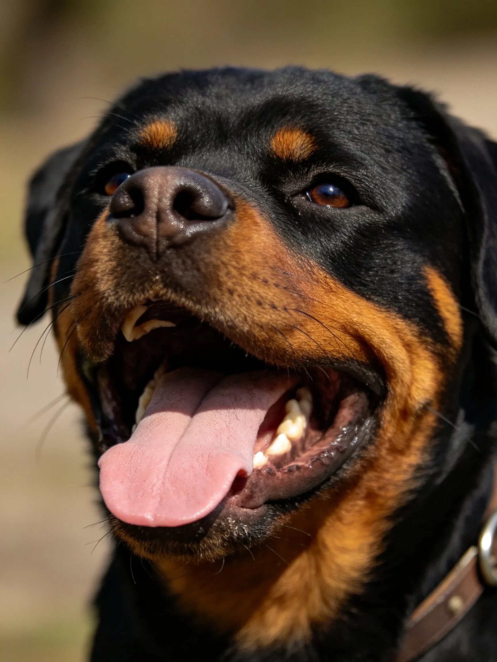 A black and tan Rottweiler pants contentedly outdoors