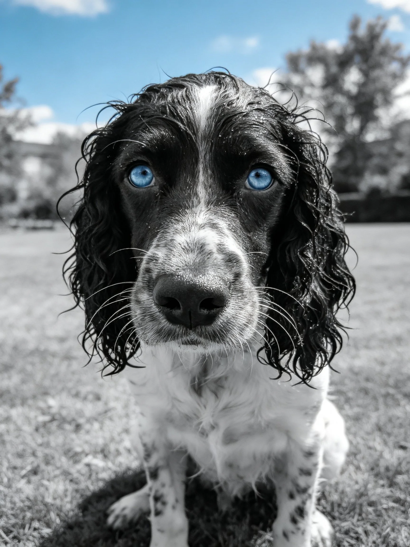 A close-up shows a black and white dog with striking blue eyes in an outdoor area.