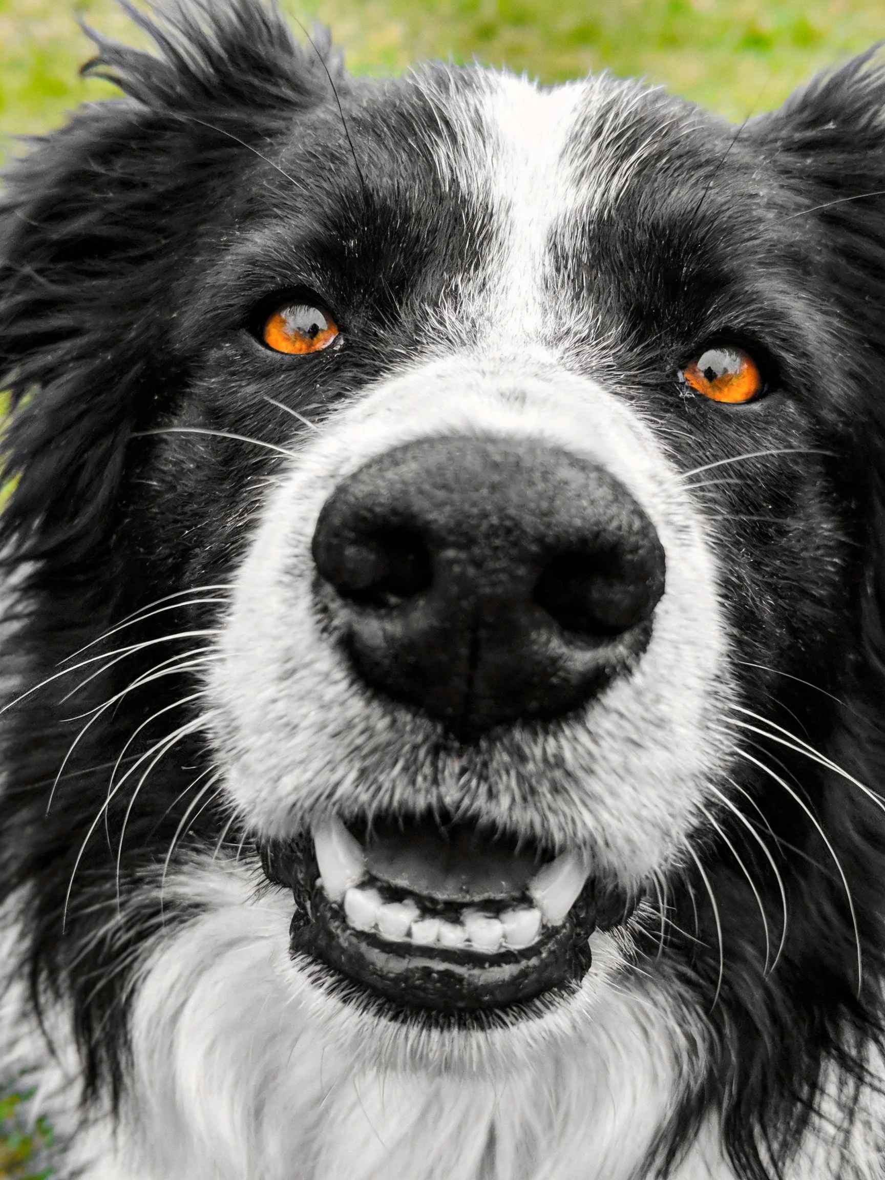 A black and white dog with bright orangeeyes is photographed up close.