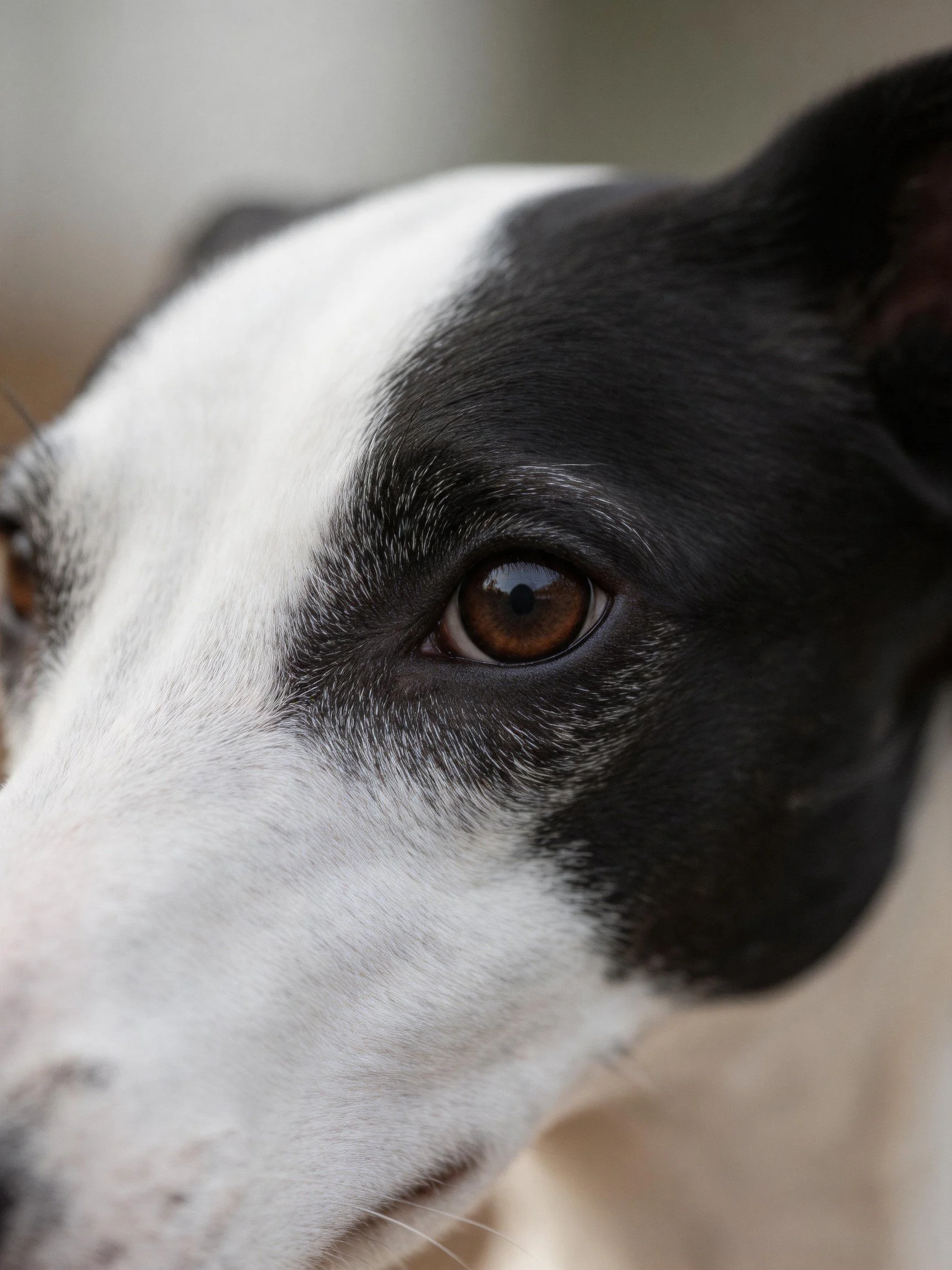 A close - up of a black and white dog highlights its expressive brown eye and distinctive fur patterns.